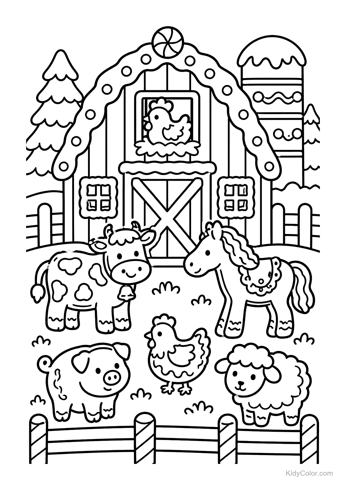 Granja de jengibre con vaca, caballo, cerdo, oveja y gallinas.