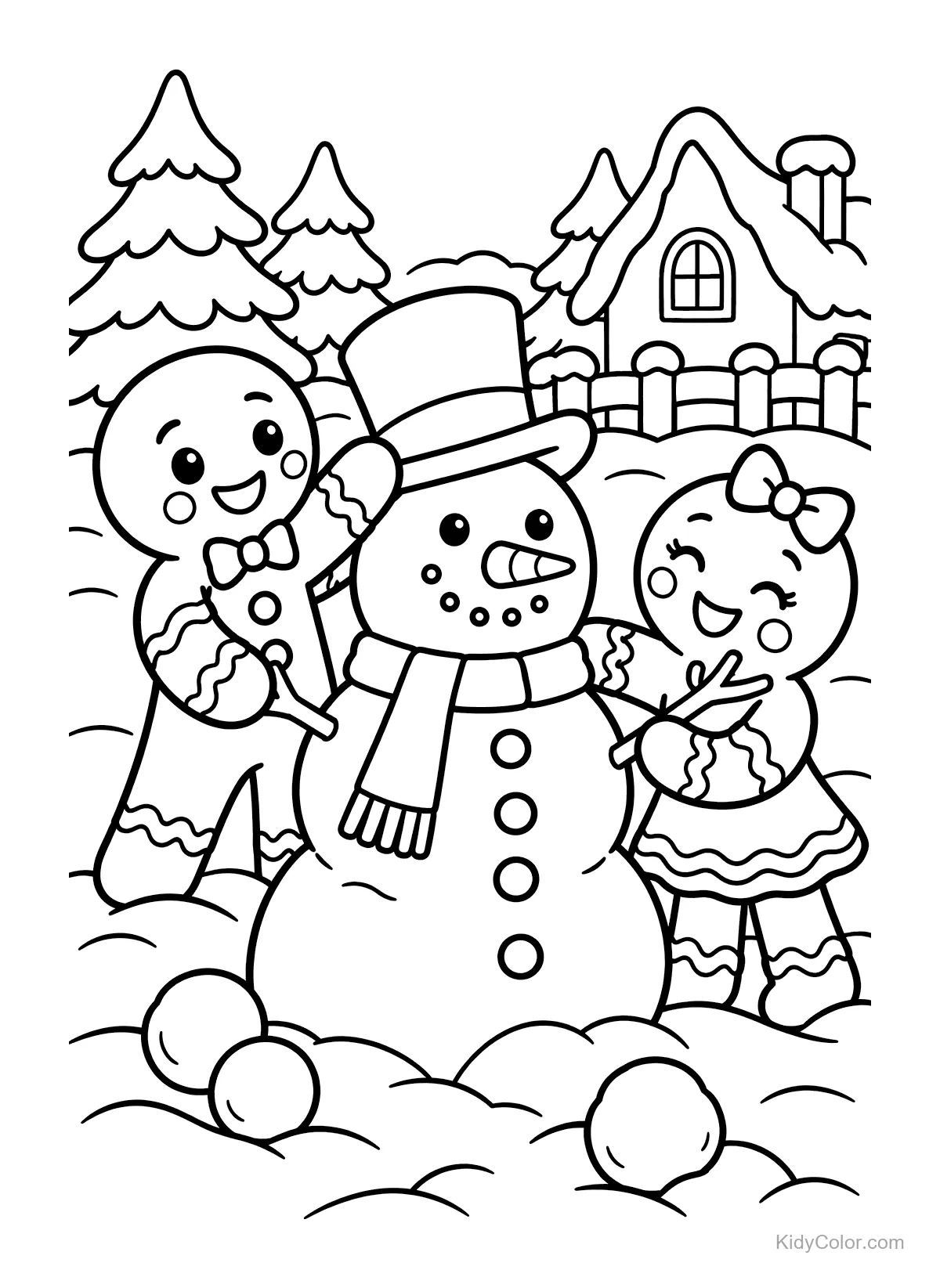 Amigos de gengibre construindo boneco de neve com árvores e casa.