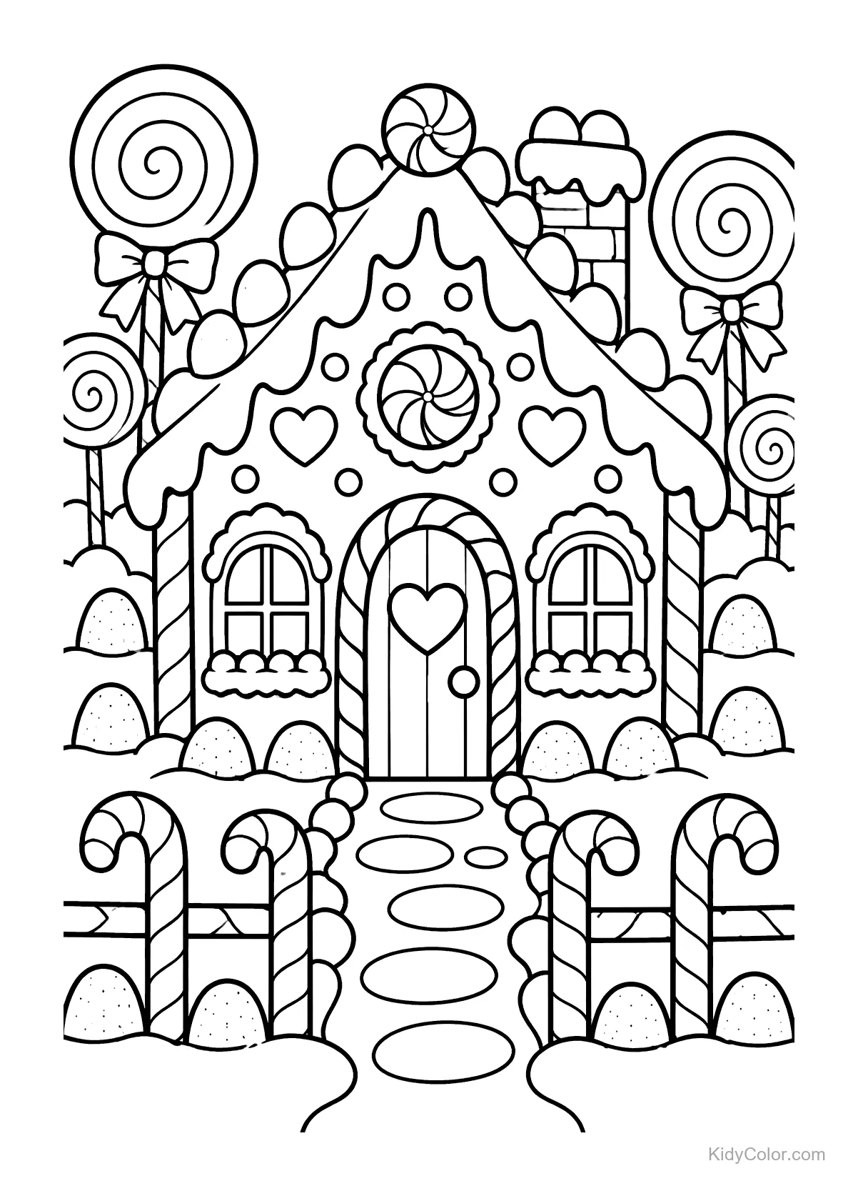 Casa de gengibre com decorações de doces, árvores de pirulito e cercas de bengala doce.