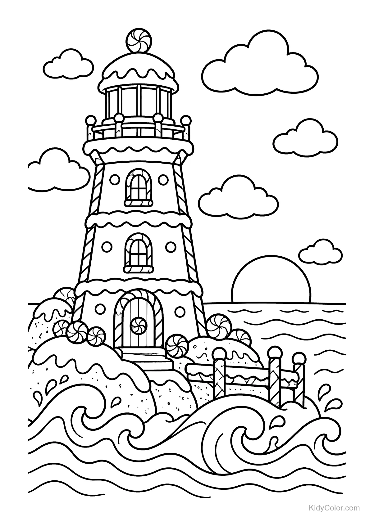 Faro de jengibre junto al mar con olas, nubes y un atardecer.