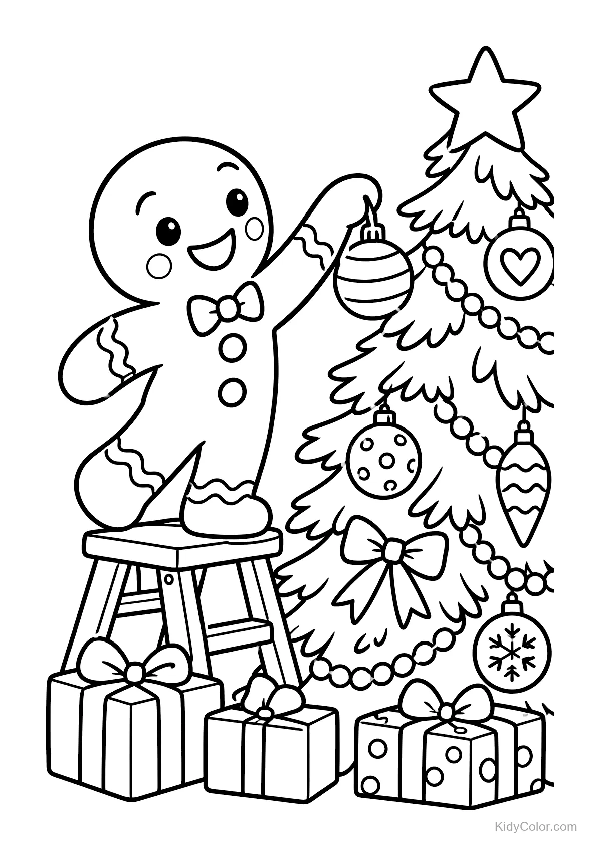 Gingerbread man decorating a Christmas tree with presents underneath.