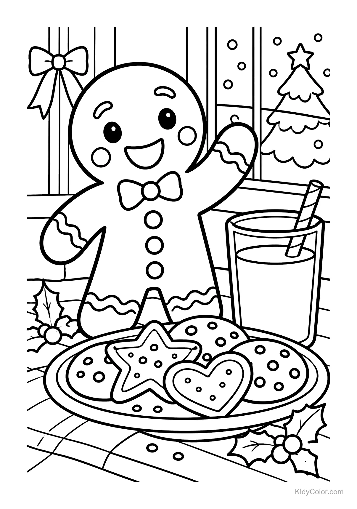 Gingerbread man with a plate of cookies and a glass of milk.
