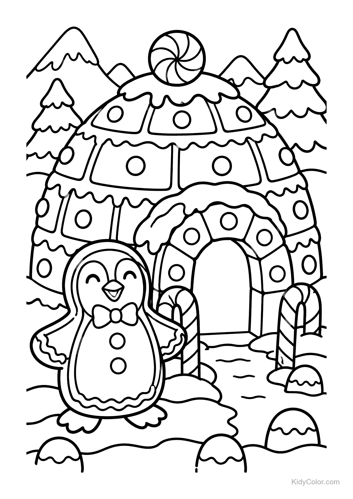 Pingüino de jengibre junto a un iglú decorado con dulces y nieve.