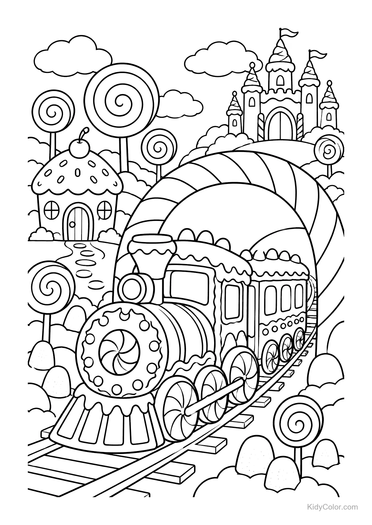 Trem de gengibre em túnel de bengalas doces com castelo.
