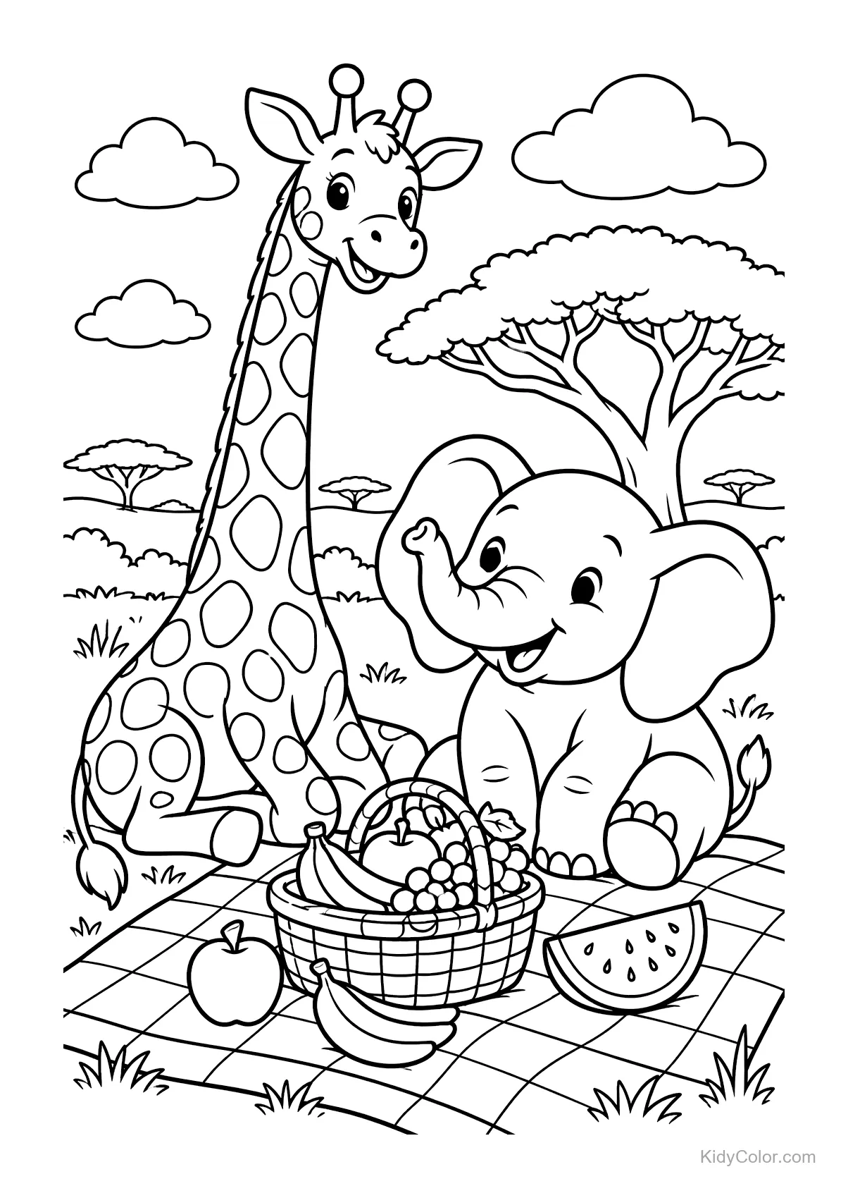 A giraffe and elephant having a picnic with fruit in the savanna.