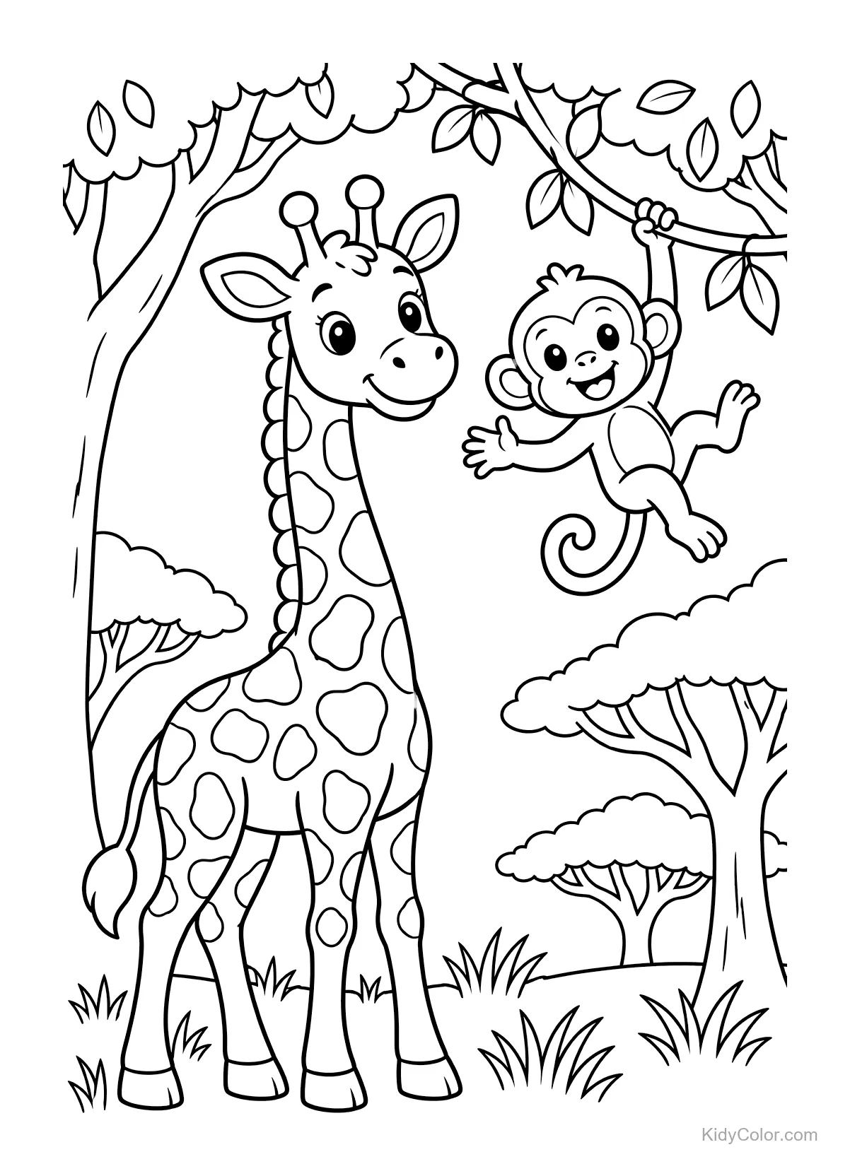 Giraffe stands under trees while a monkey swings from a branch.