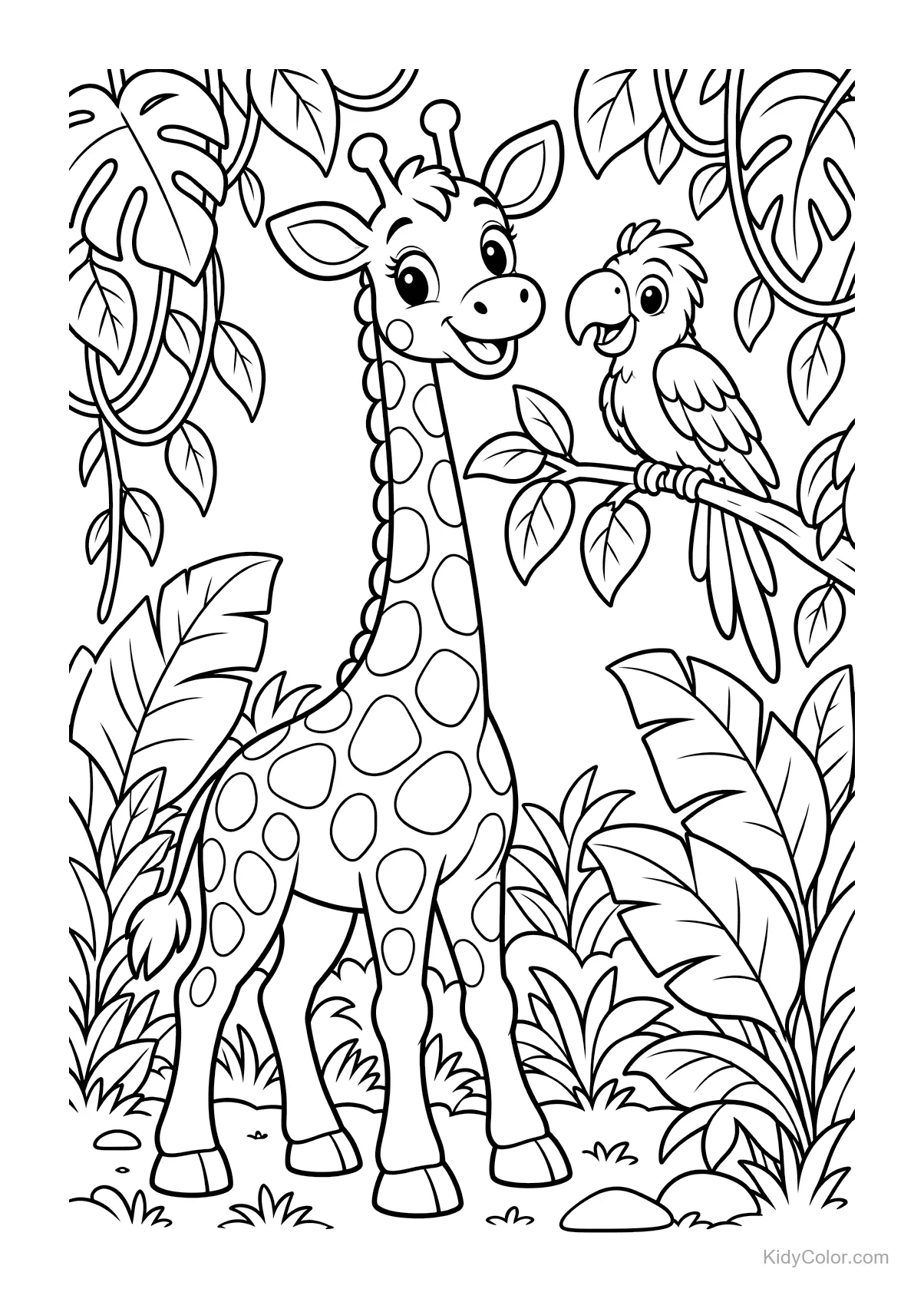 Giraffe steht im Dschungel mit einem Papagei auf einem Ast.