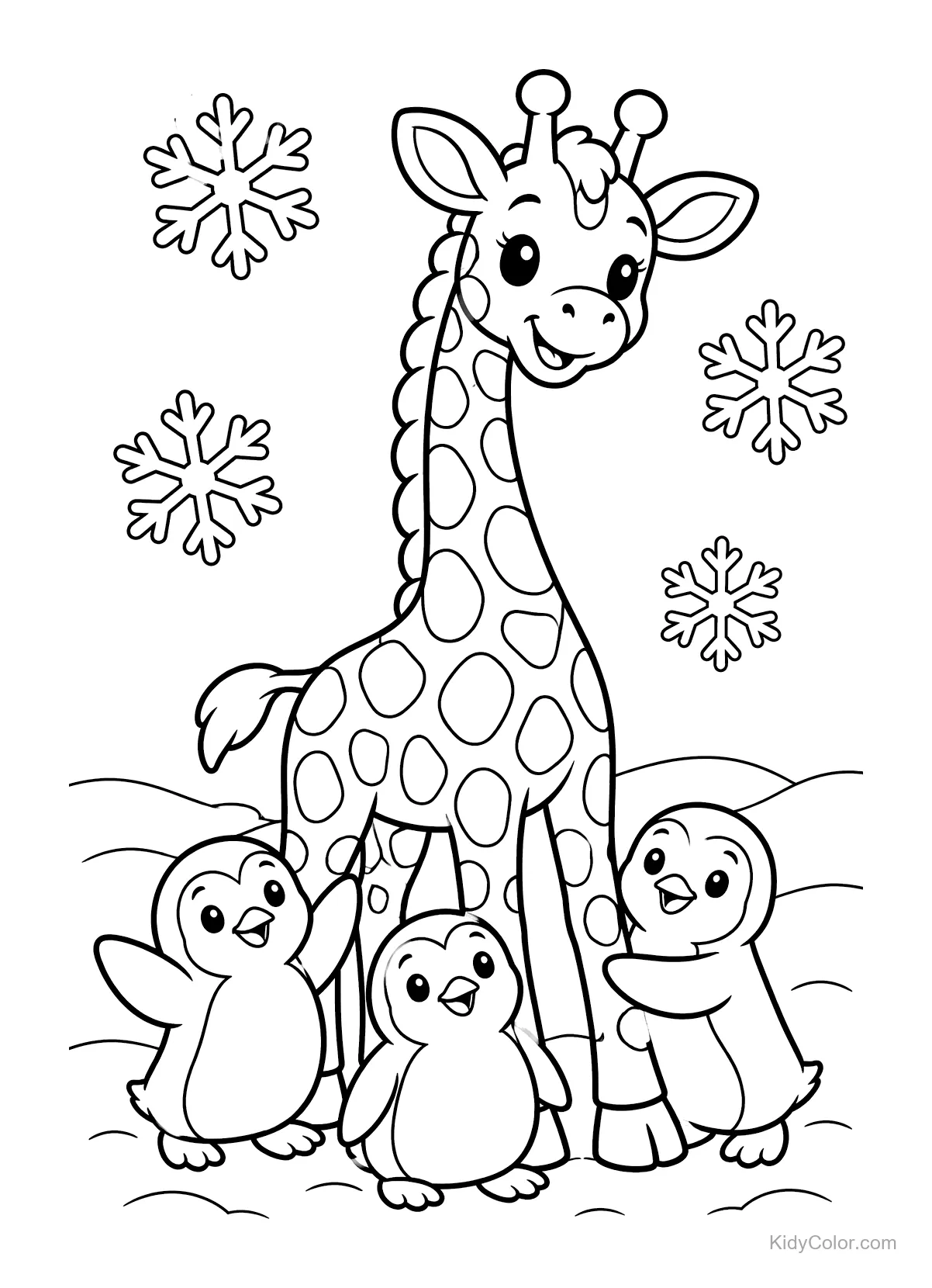 Giraffe mit drei Pinguinen im Schnee, umgeben von Schneeflocken.
