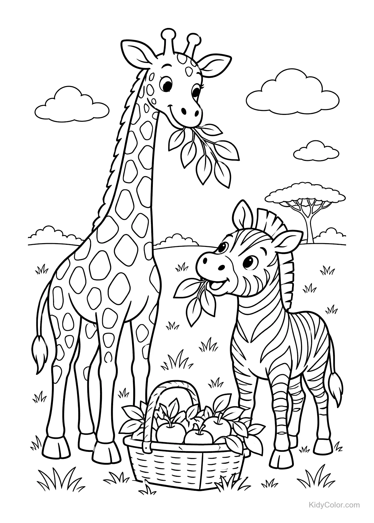 Giraffe und Zebra mit Picknickkorb im Safari.