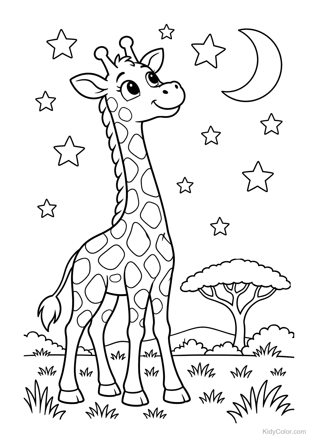 Giraffe steht auf der Savanne unter Sternen und Mond.