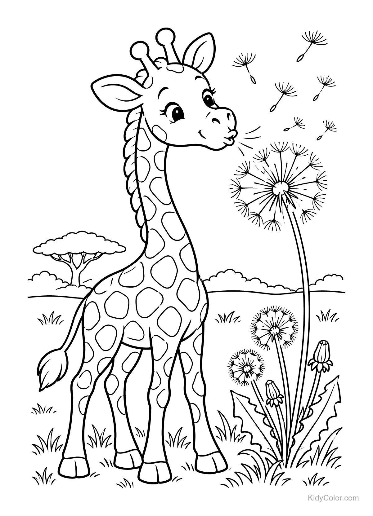 Giraffe pustet Pusteblumen auf einer Wiese.