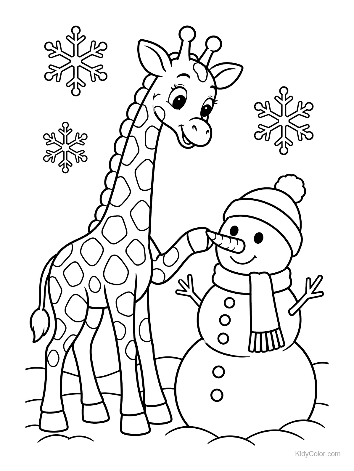 A giraffe places a carrot on a snowman with snowflakes above.