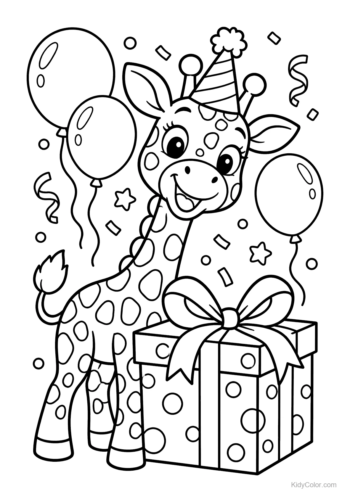 Giraffe in a party hat with balloons and a gift.
