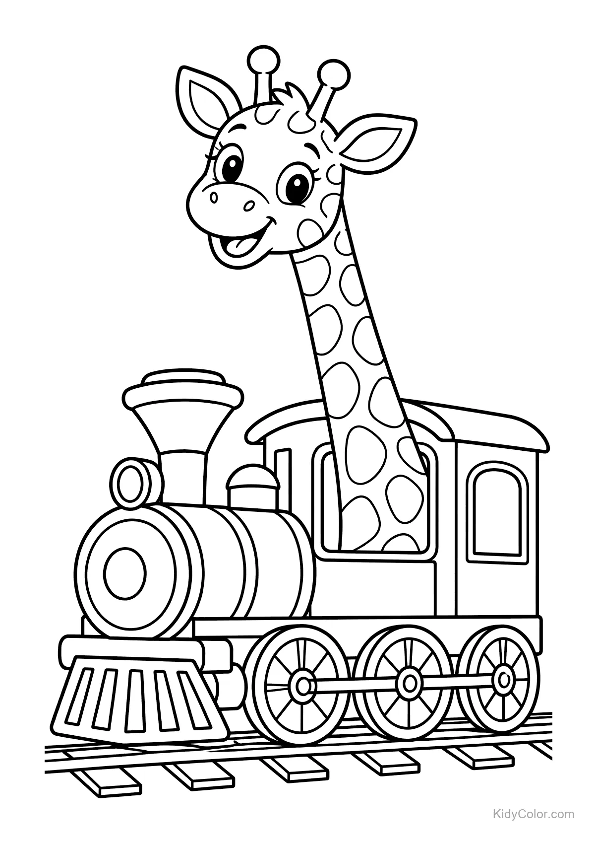 Giraffe met een grote glimlach in een stoomtrein.