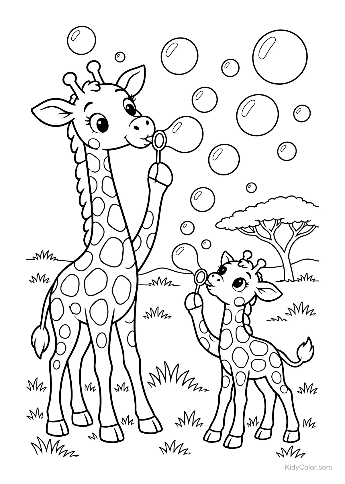 Giraffe and calf blowing bubbles on the safari.