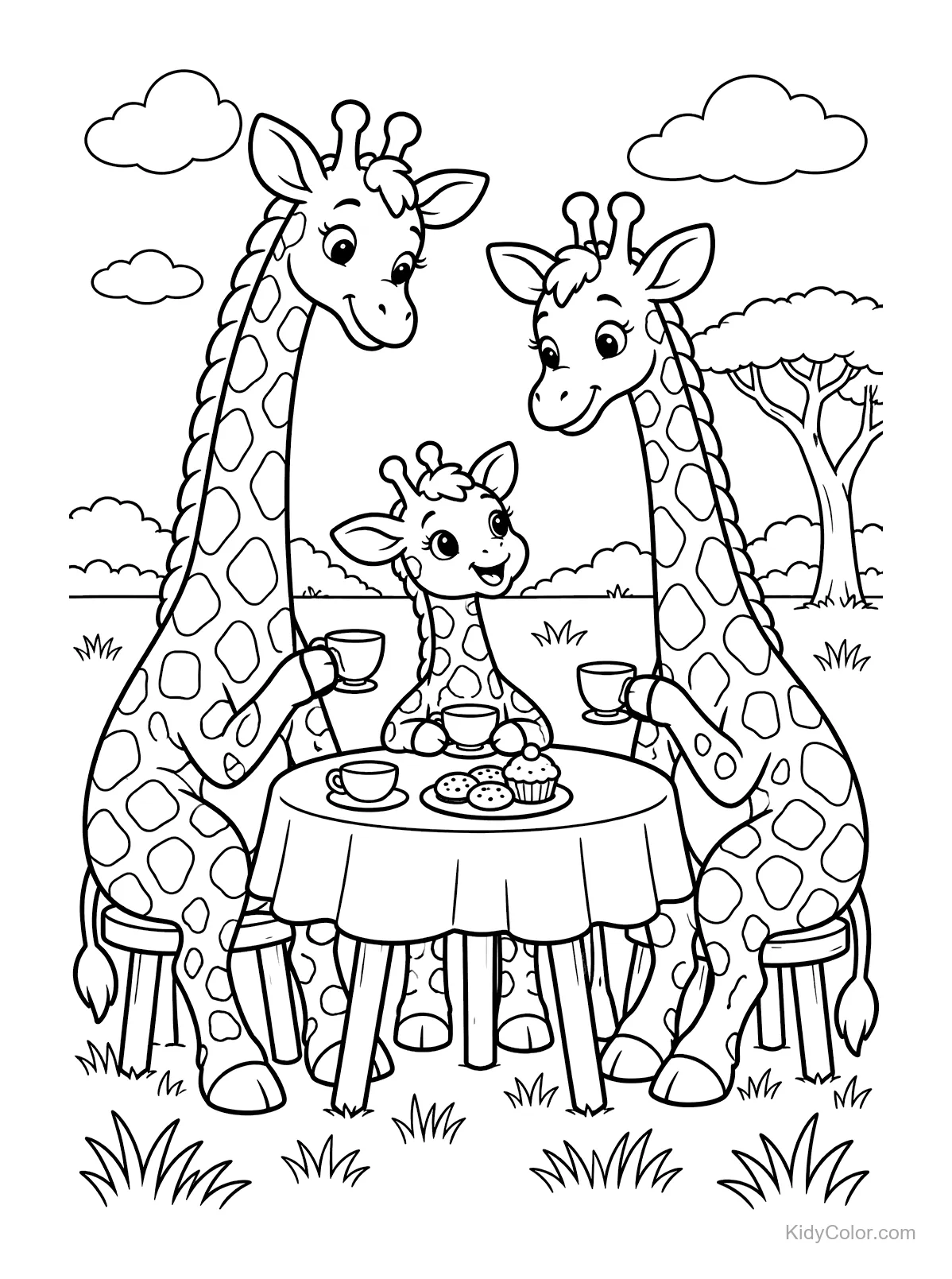 Giraffe family with teacups and snacks at a table.