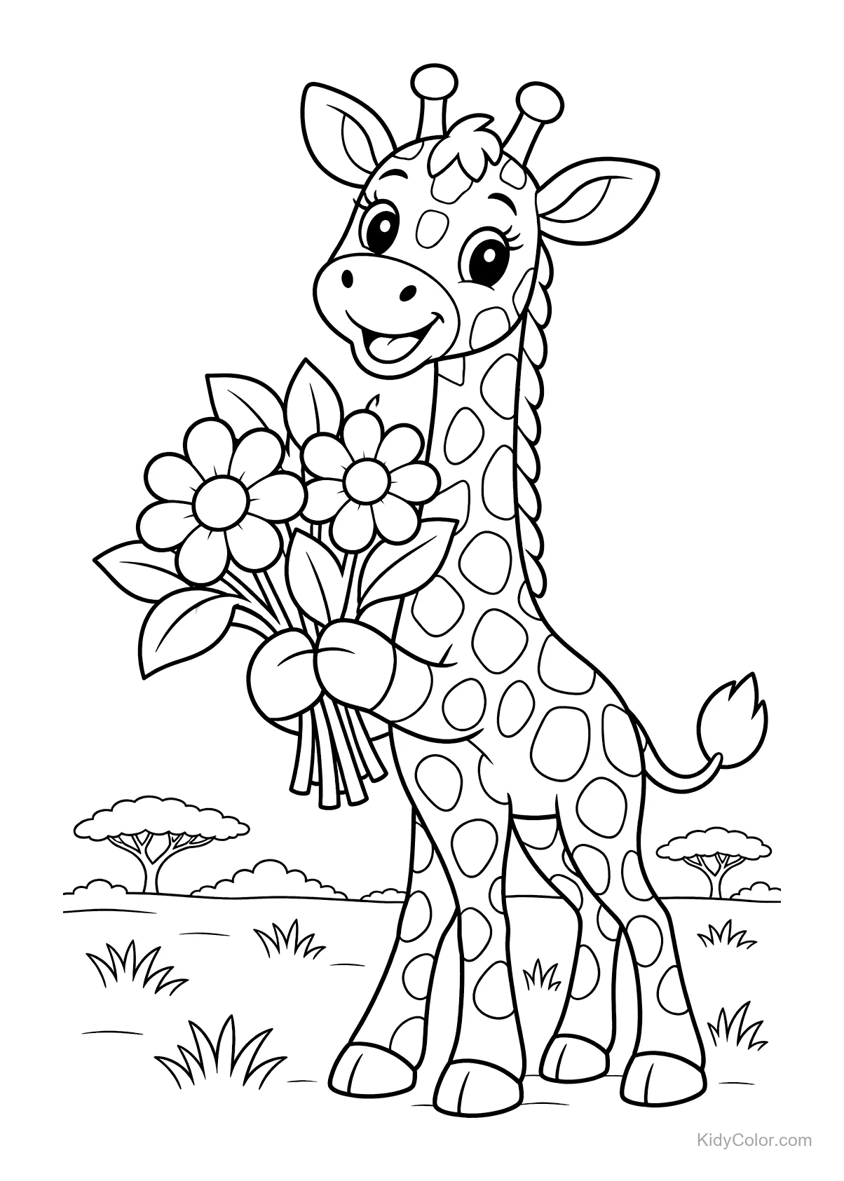 Lächelnde Giraffe mit Blumenstrauß in Safari-Landschaft.