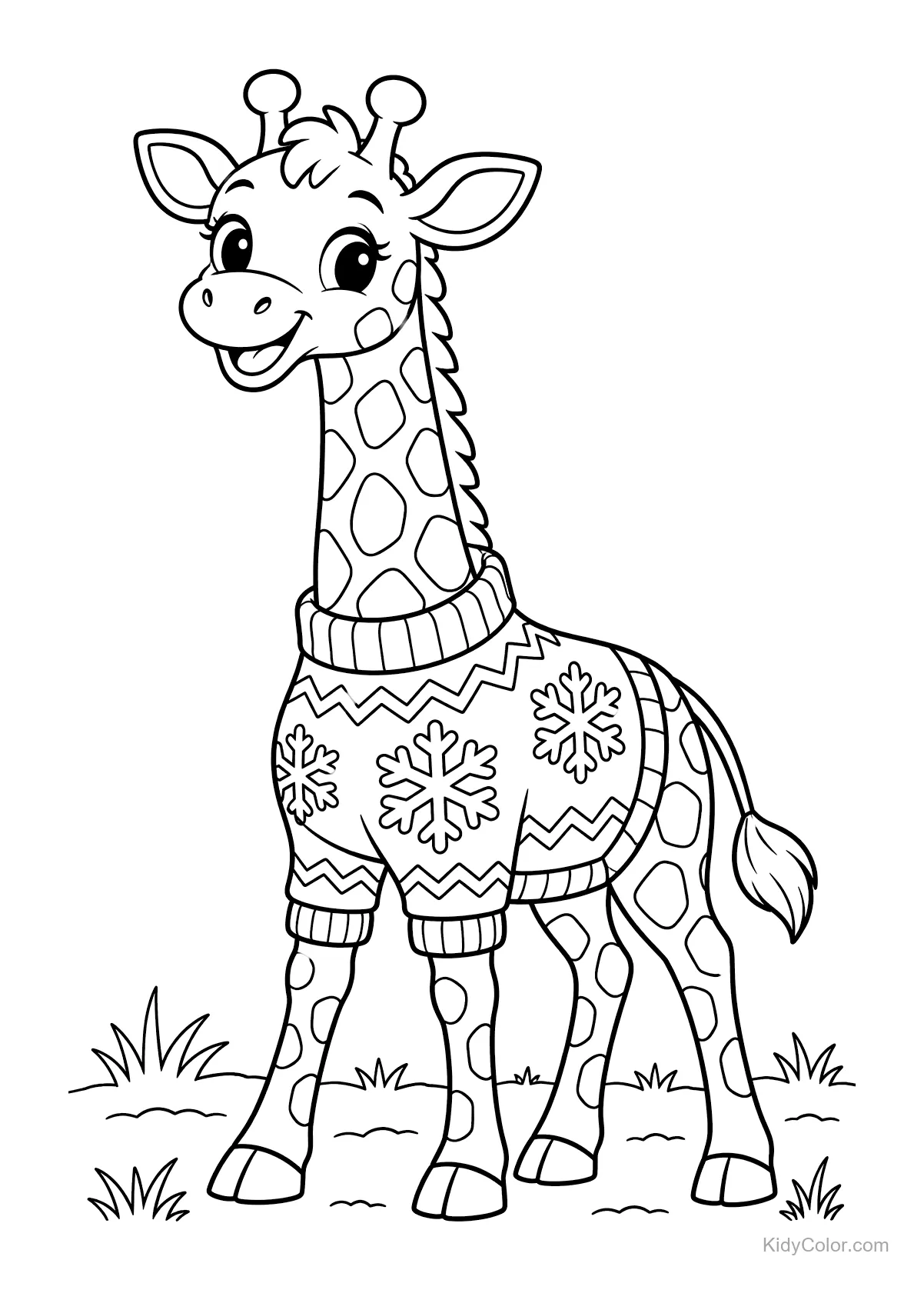 Giraffe im Pullover mit Schneeflocken auf Gras.