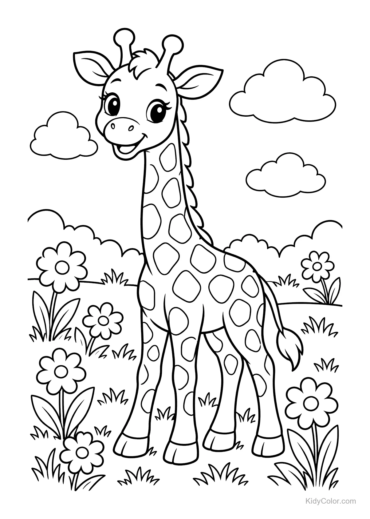 Eine lächelnde Giraffe auf einer Wiese mit Blumen und Wolken.
