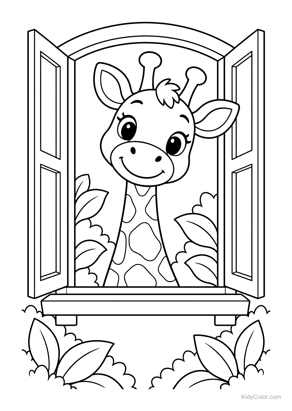 Giraffe schaut durch ein offenes Fenster, umgeben von Blättern.