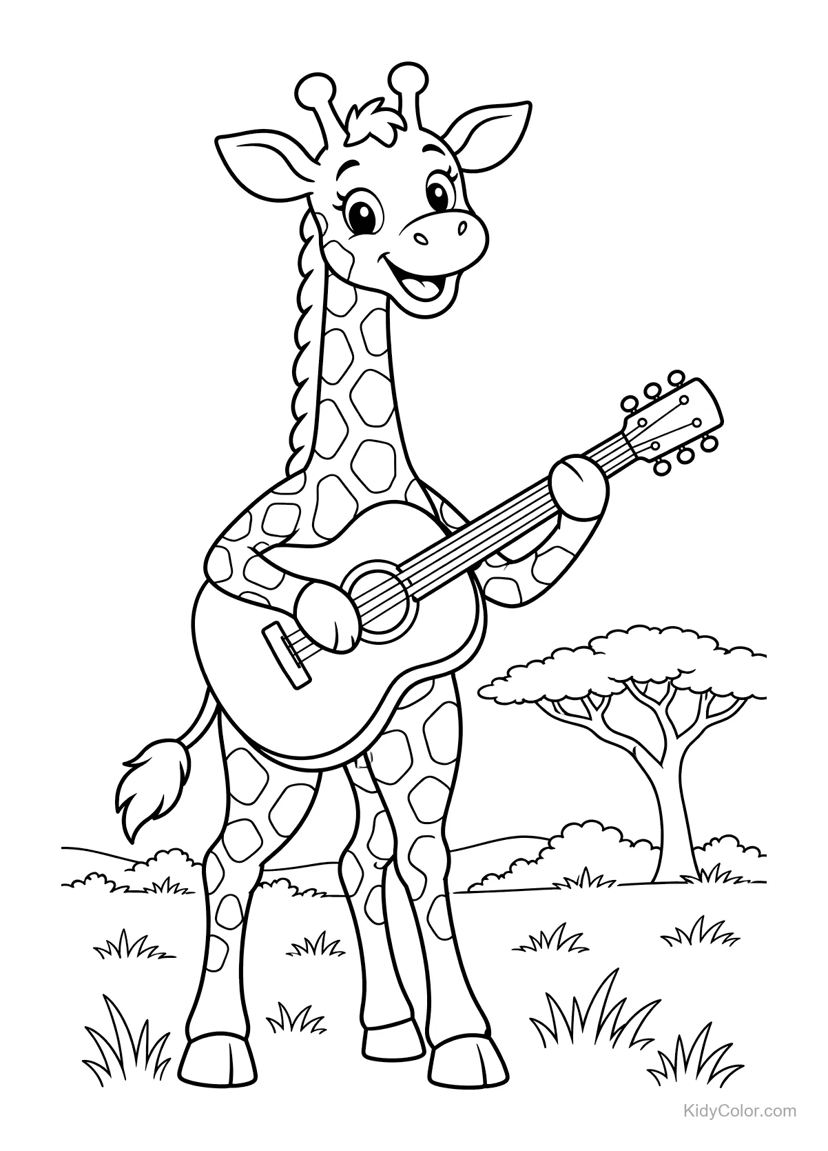 Giraffe spielt glücklich Gitarre in der Savanne mit Bäumen.