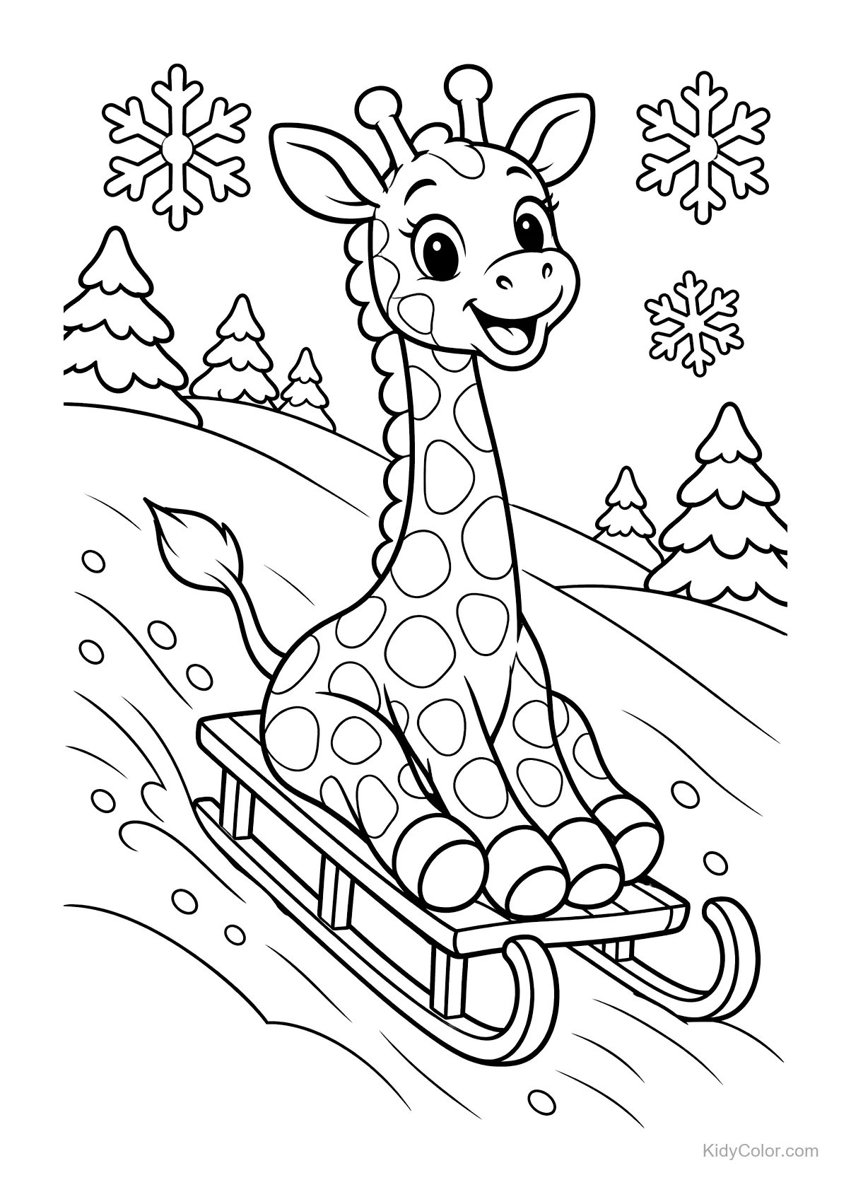 Giraffe op een slee in de sneeuw met bomen en sneeuwvlokken.