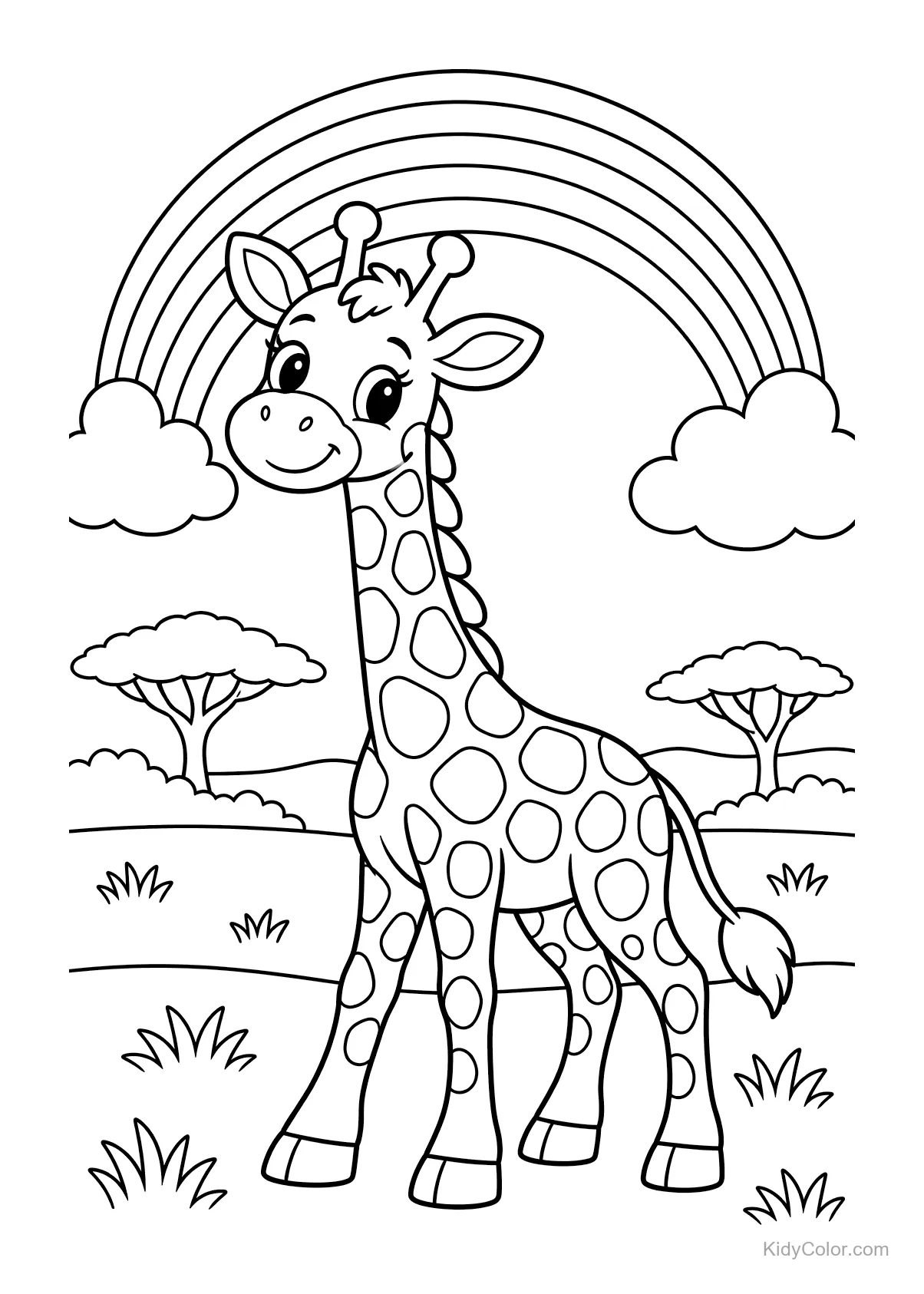 Giraffe steht unter einem Regenbogen mit Bäumen im Hintergrund.