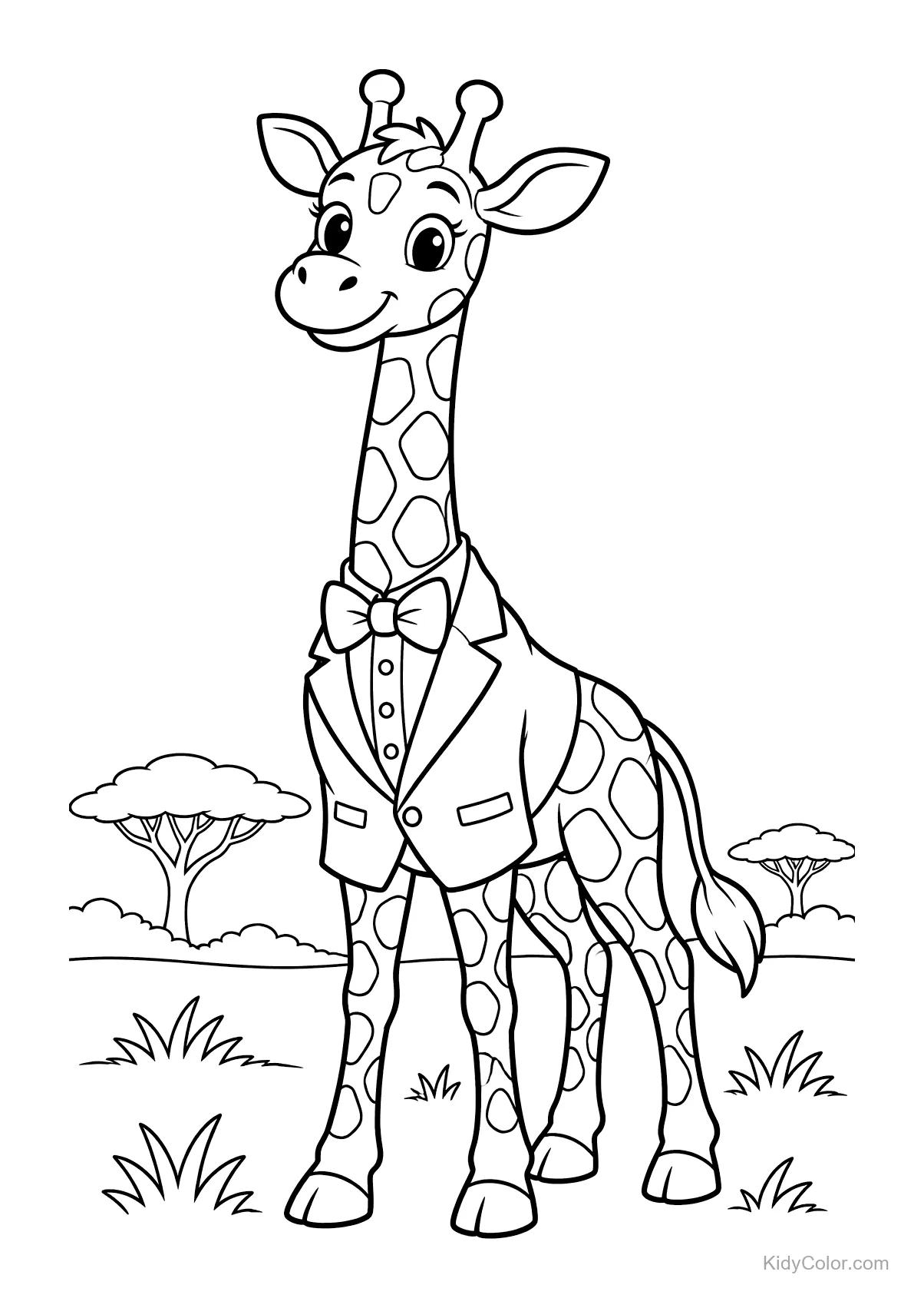 A giraffe in a tuxedo with a safari backdrop.