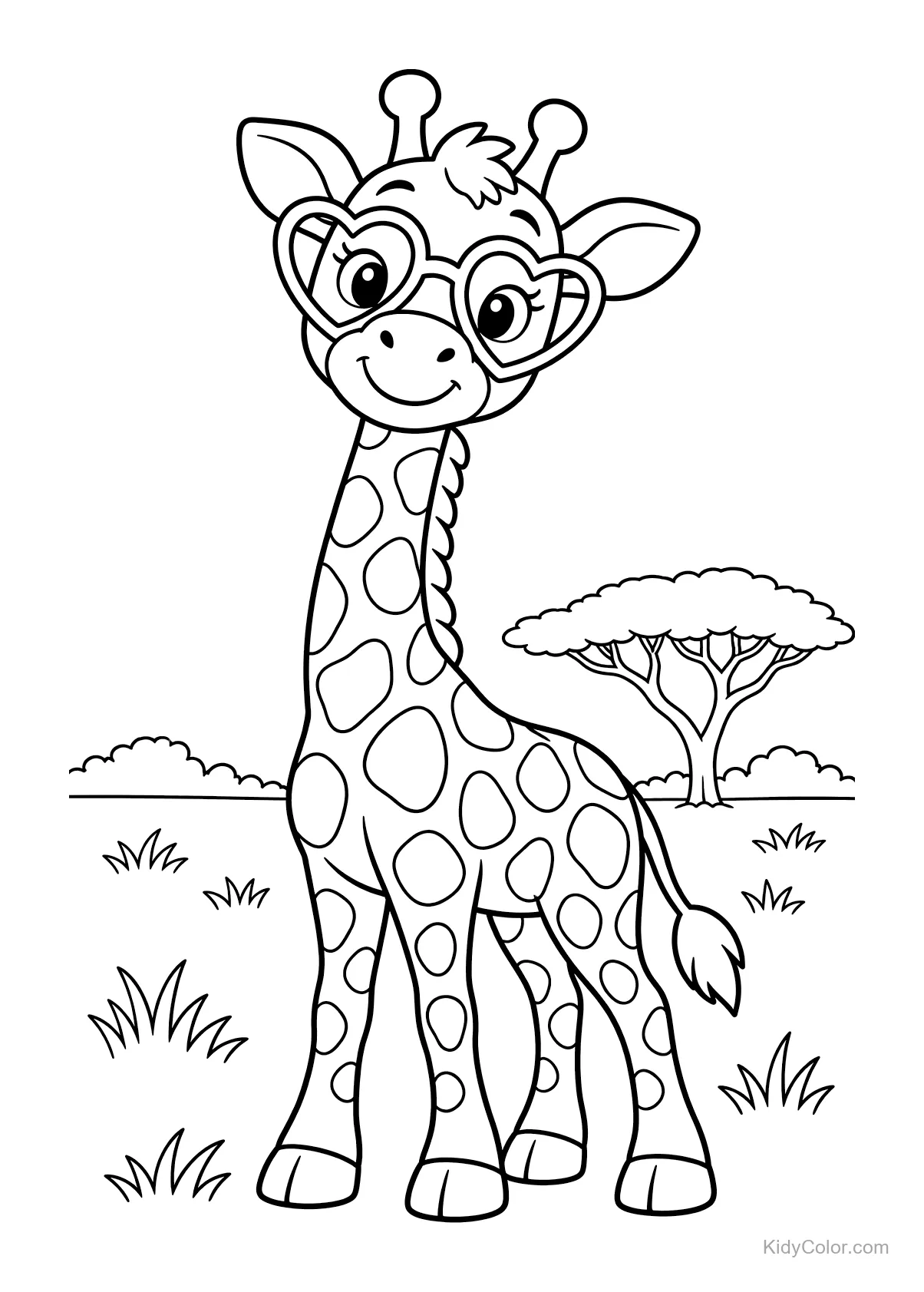 Giraffe with heart-shaped glasses in a safari landscape.
