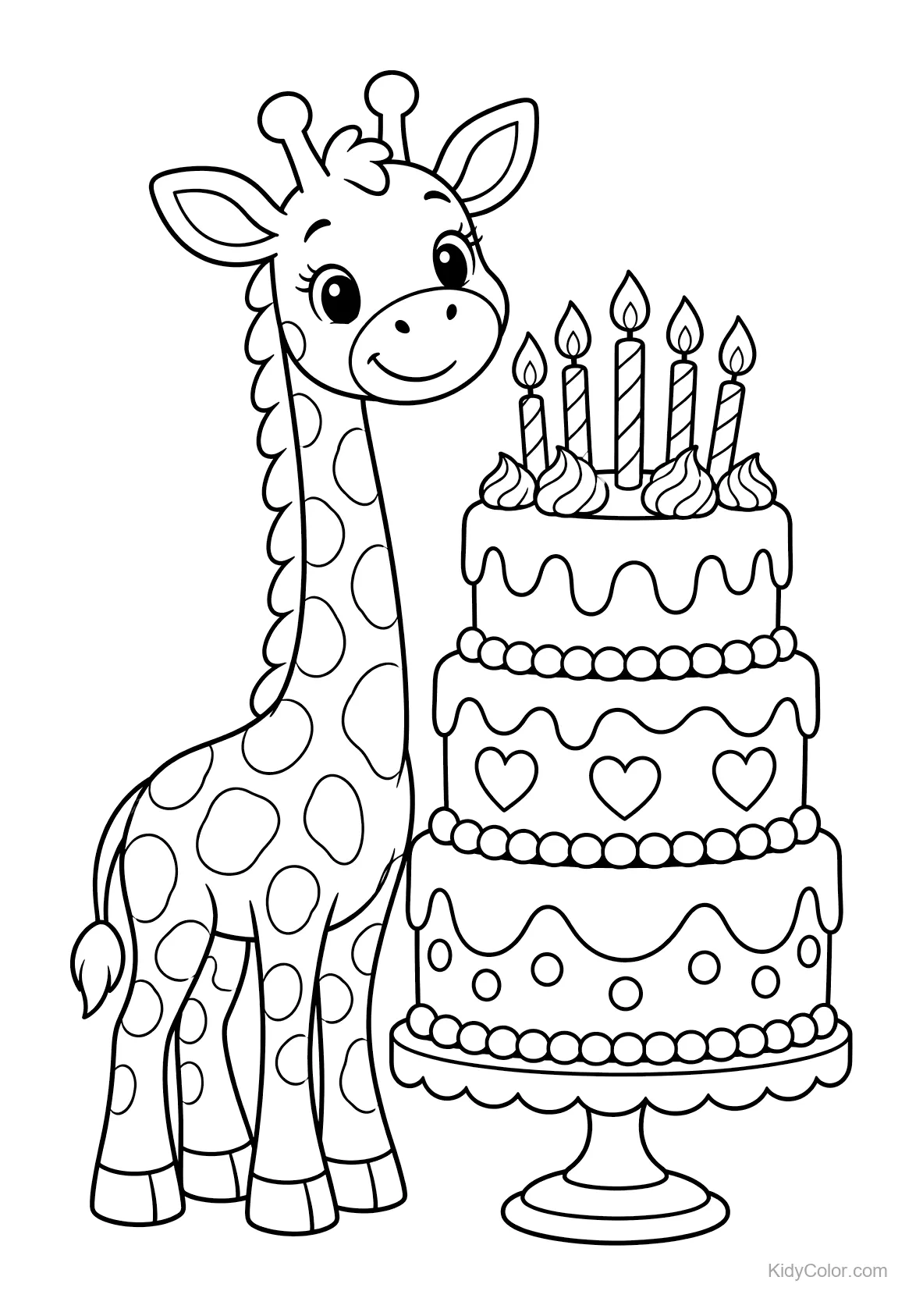 Girafa ao lado de um bolo de aniversário com velas acesas.