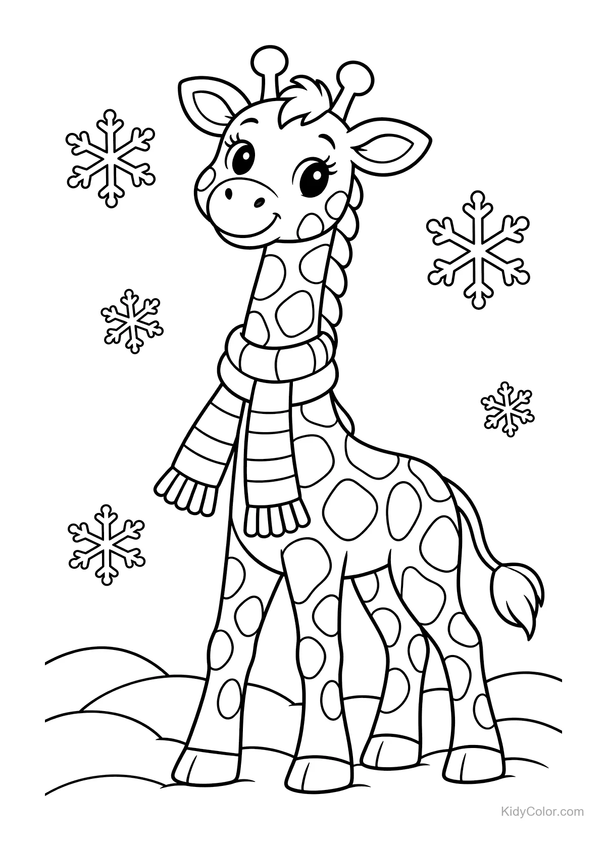 Giraffe mit Schal, umgeben von Schneeflocken.