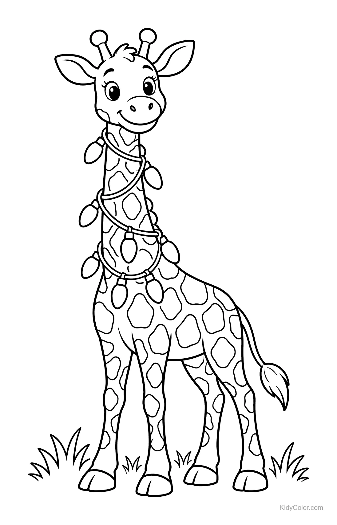 Giraffe mit Weihnachtslichtern um Hals und Körper gewickelt.