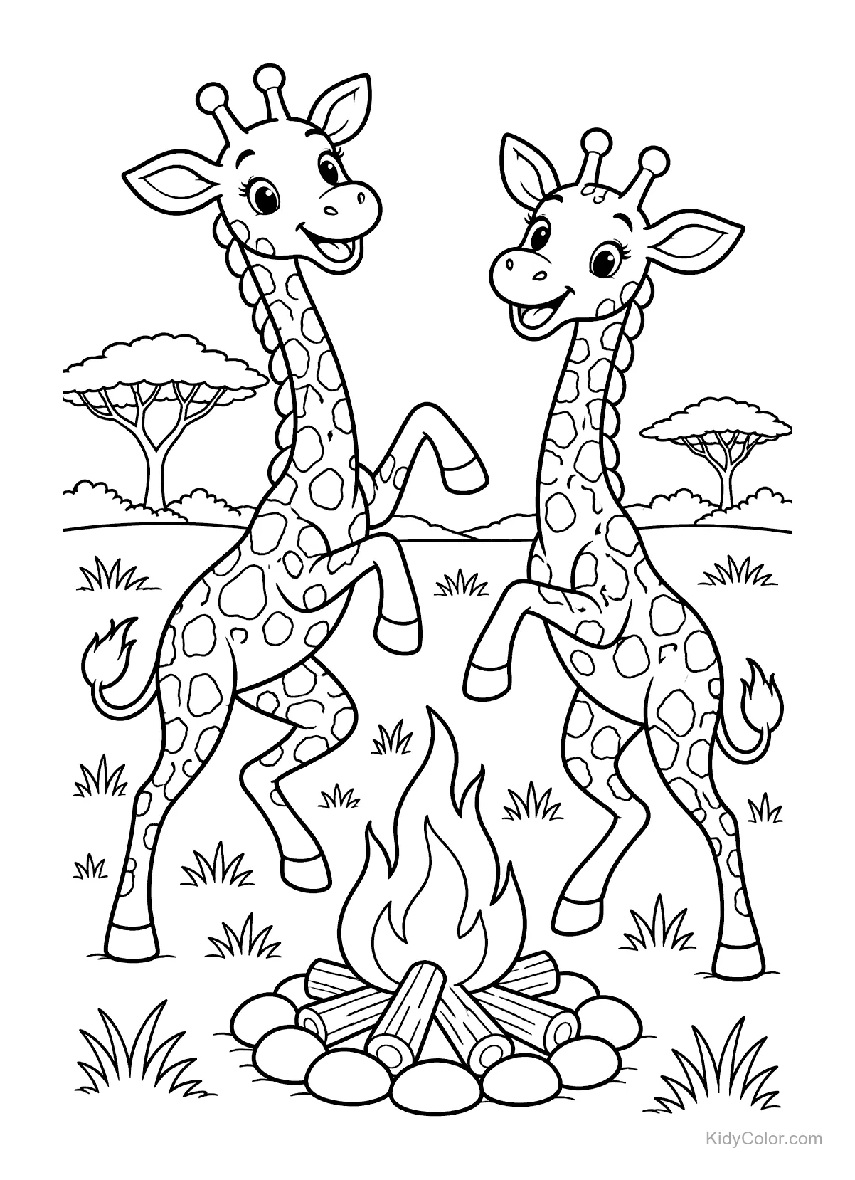 Twee giraffen dansen rond een kampvuur in de graslanden.