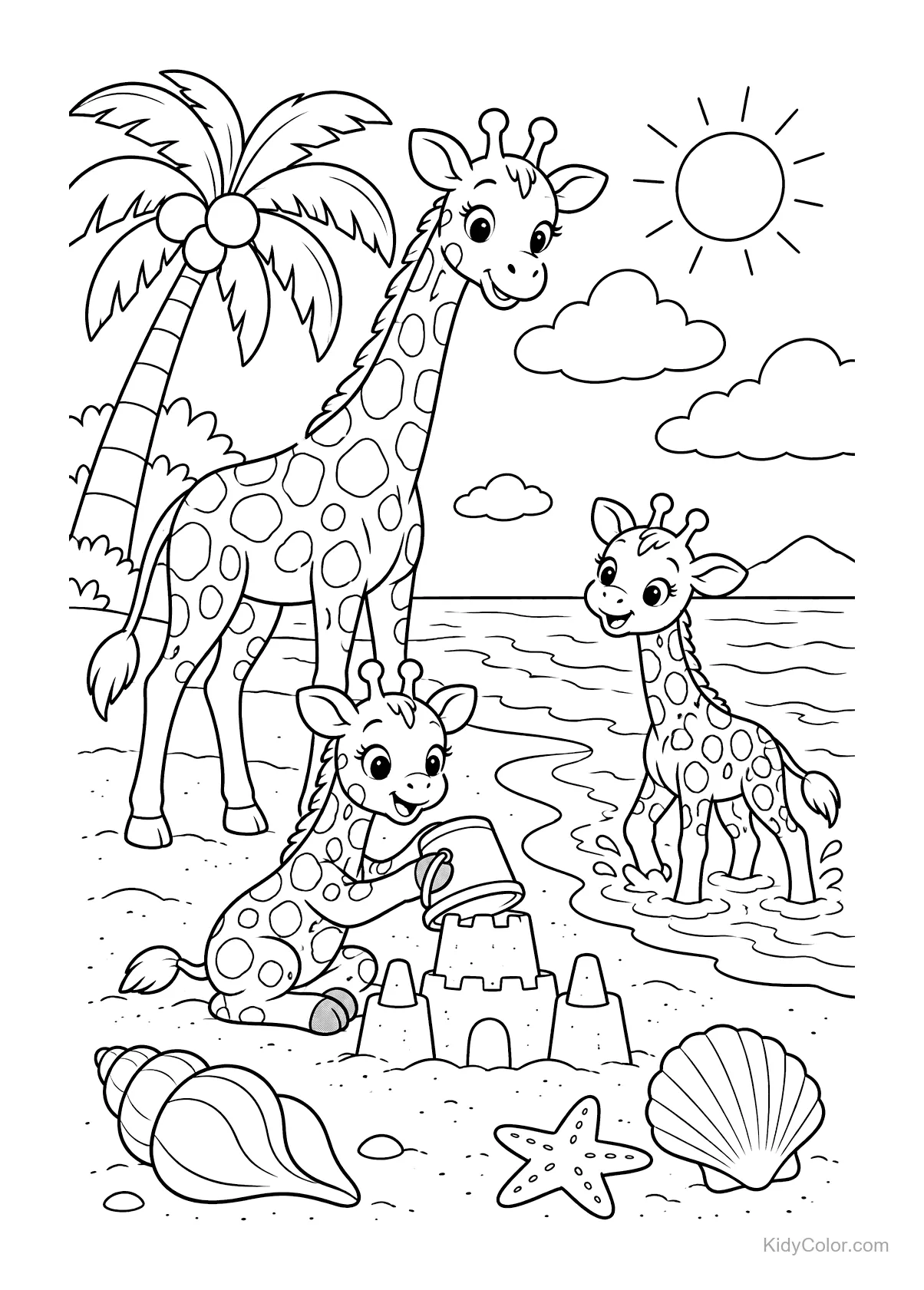 Giraffen am Strand mit Sandburgen, Palme und Sonne.