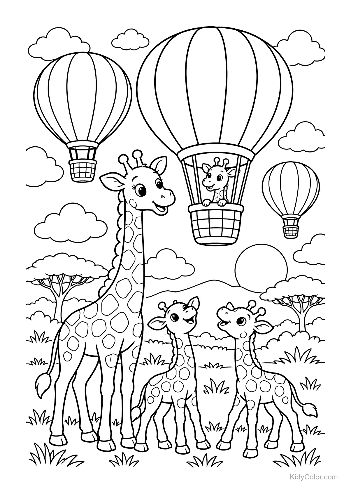 Three giraffes with hot air balloons and a safari landscape.