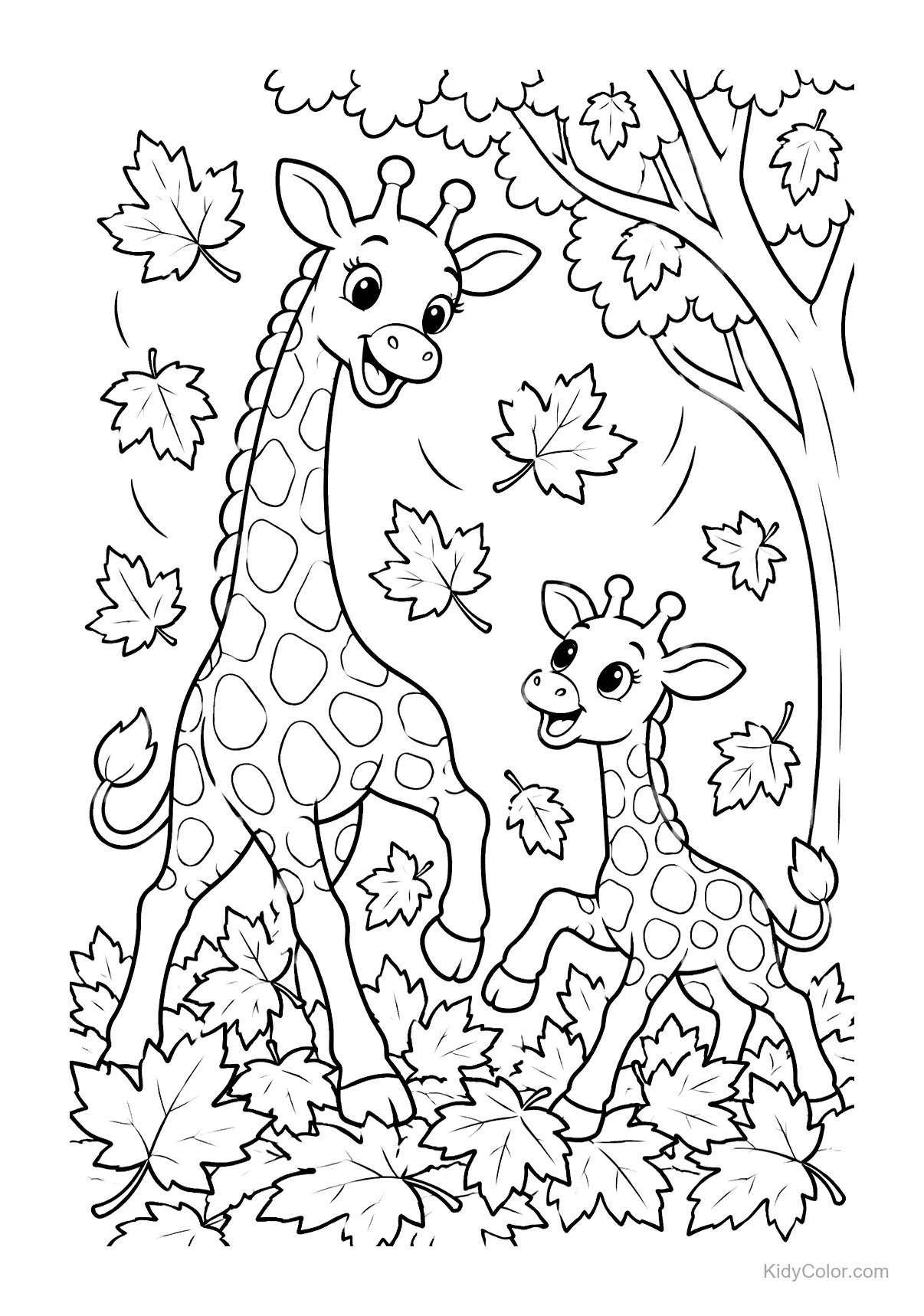 Zwei Giraffen umgeben von fallenden Herbstblättern neben einem Baum.