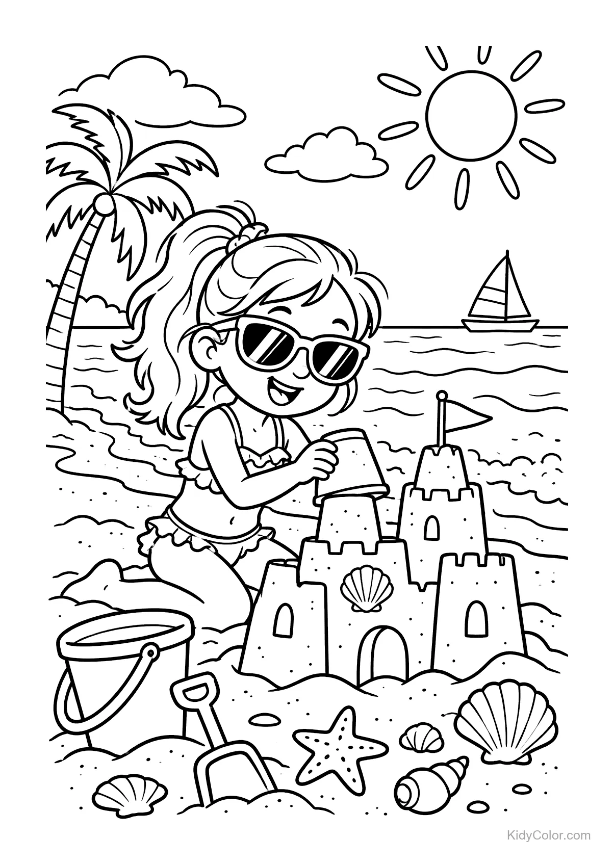 Girl wearing sunglasses building a sandcastle on a sunny beach.