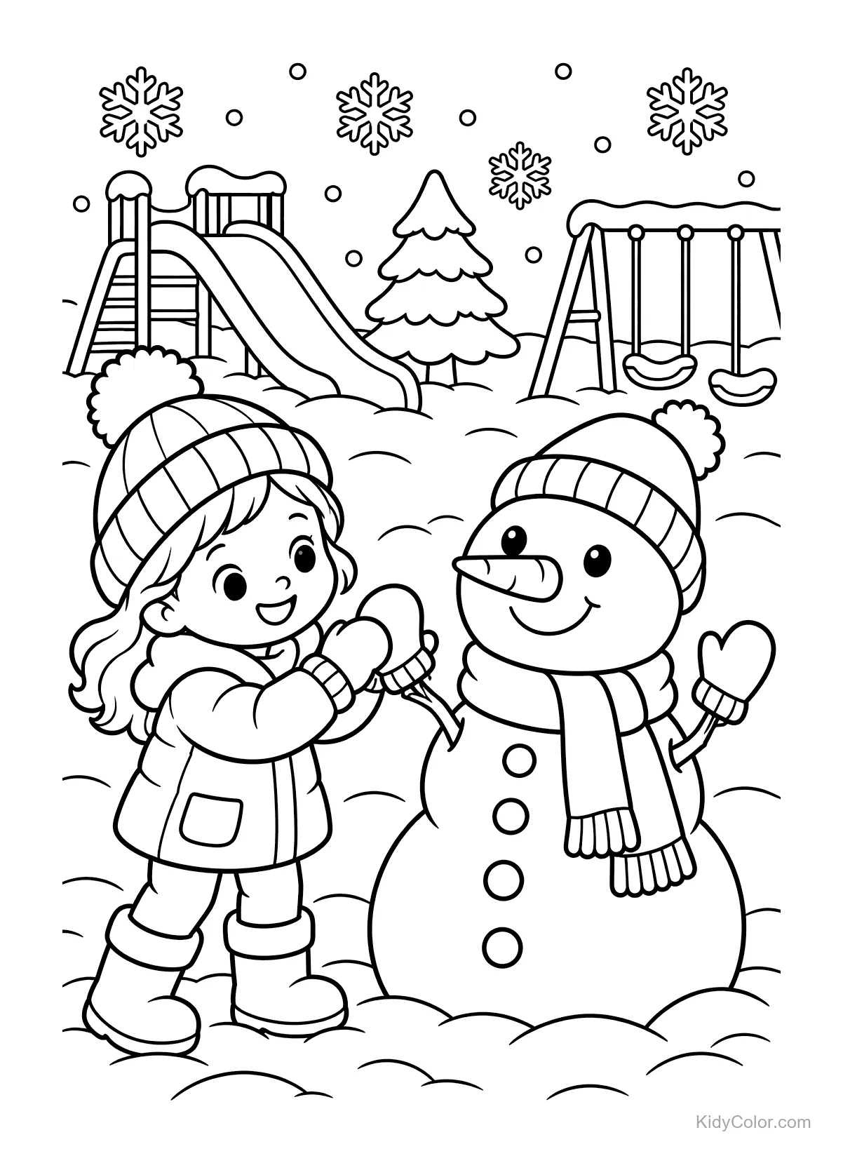 Kind und Schneemann im verschneiten Spielplatz mit Rutsche und Schaukeln.