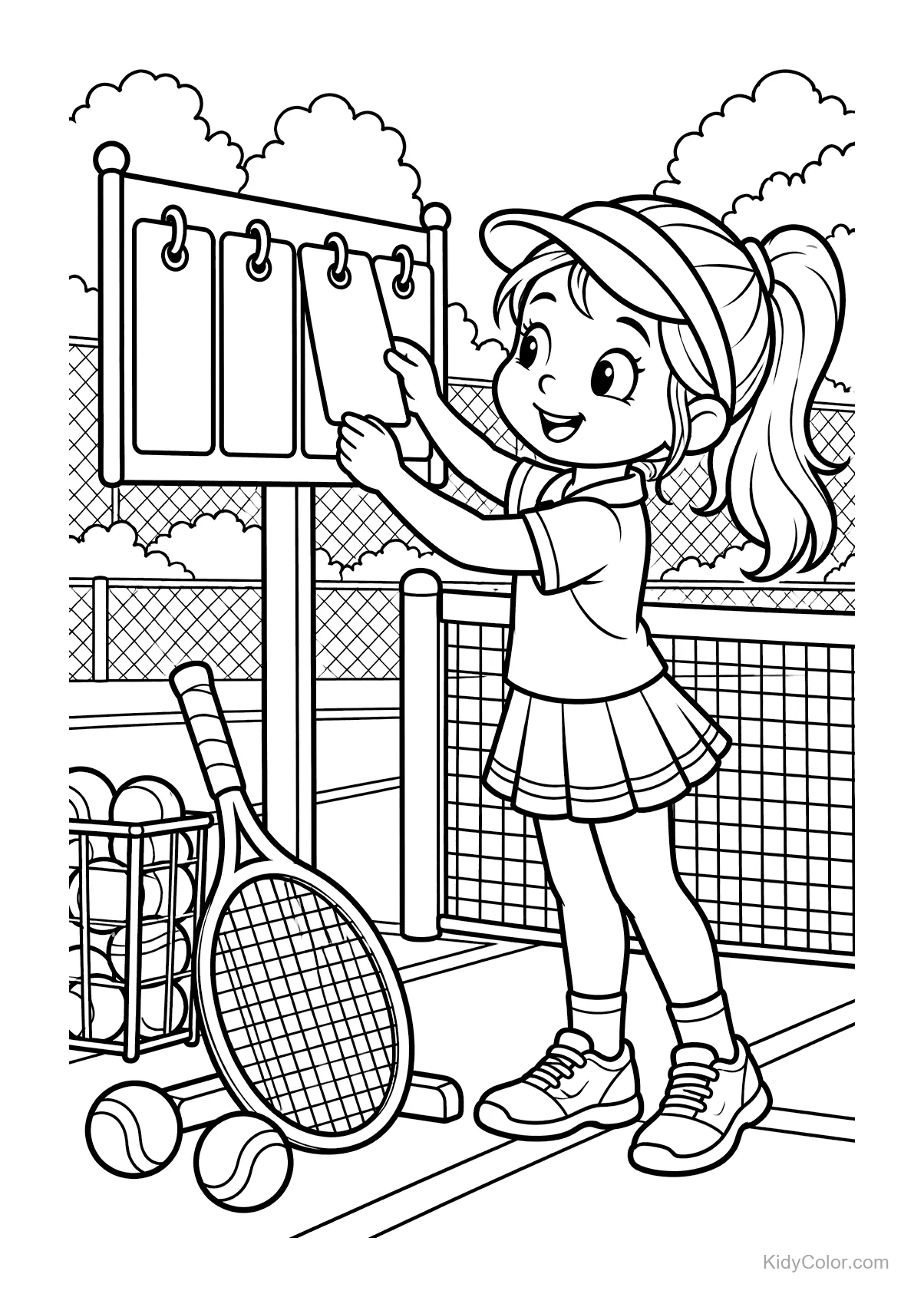 Menina em roupa de tênis ajustando um placar na quadra.