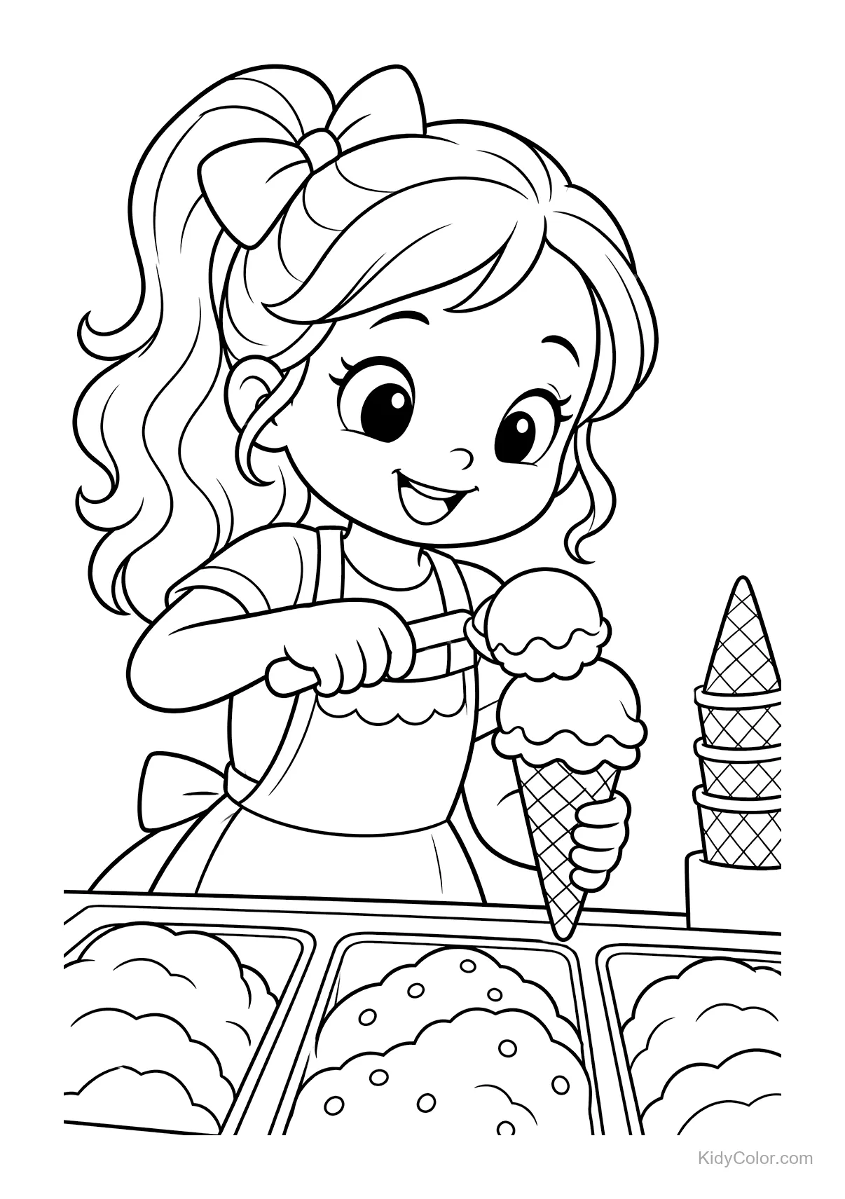 Menina fazendo casquinhas de sorvete com potes de sorvete.