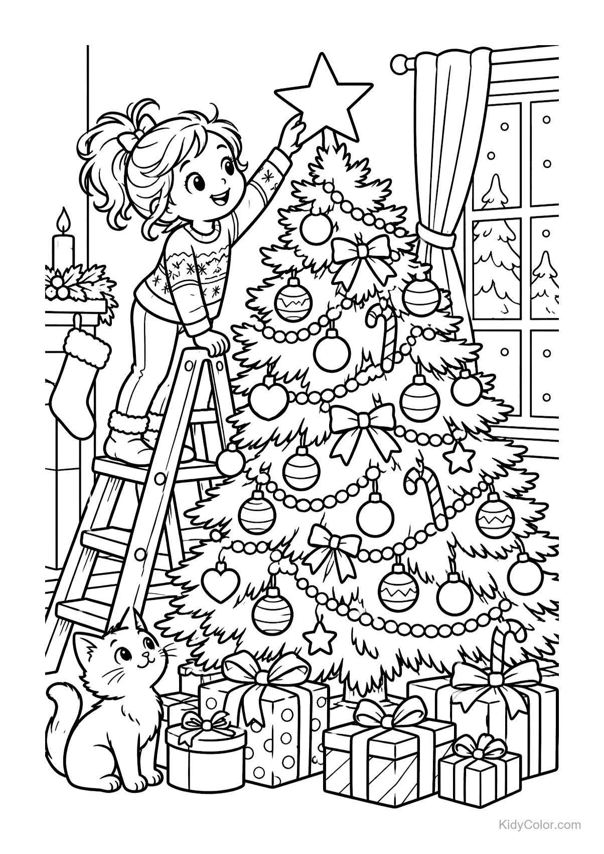 Girl places a star on a decorated Christmas tree with gifts and a watching cat.