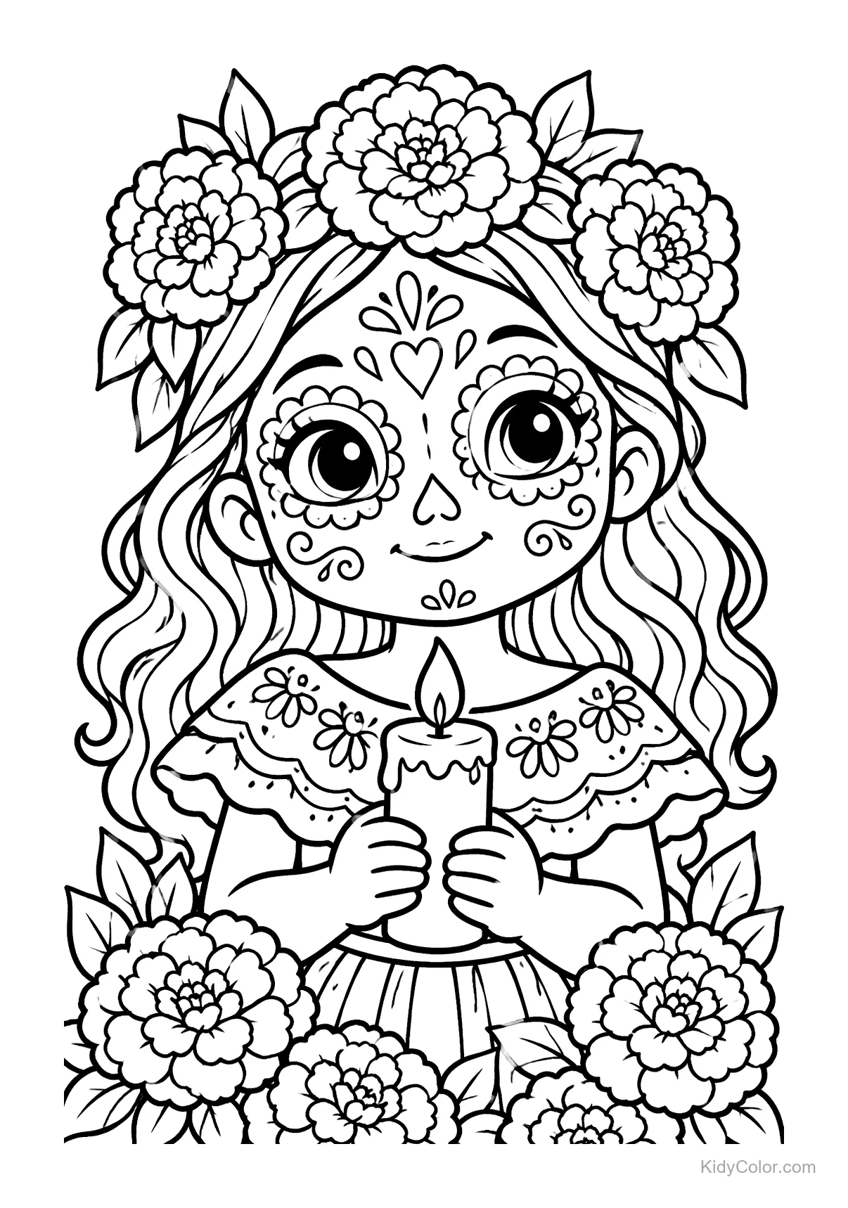 Girl with sugar skull face holds a candle, surrounded by flowers.