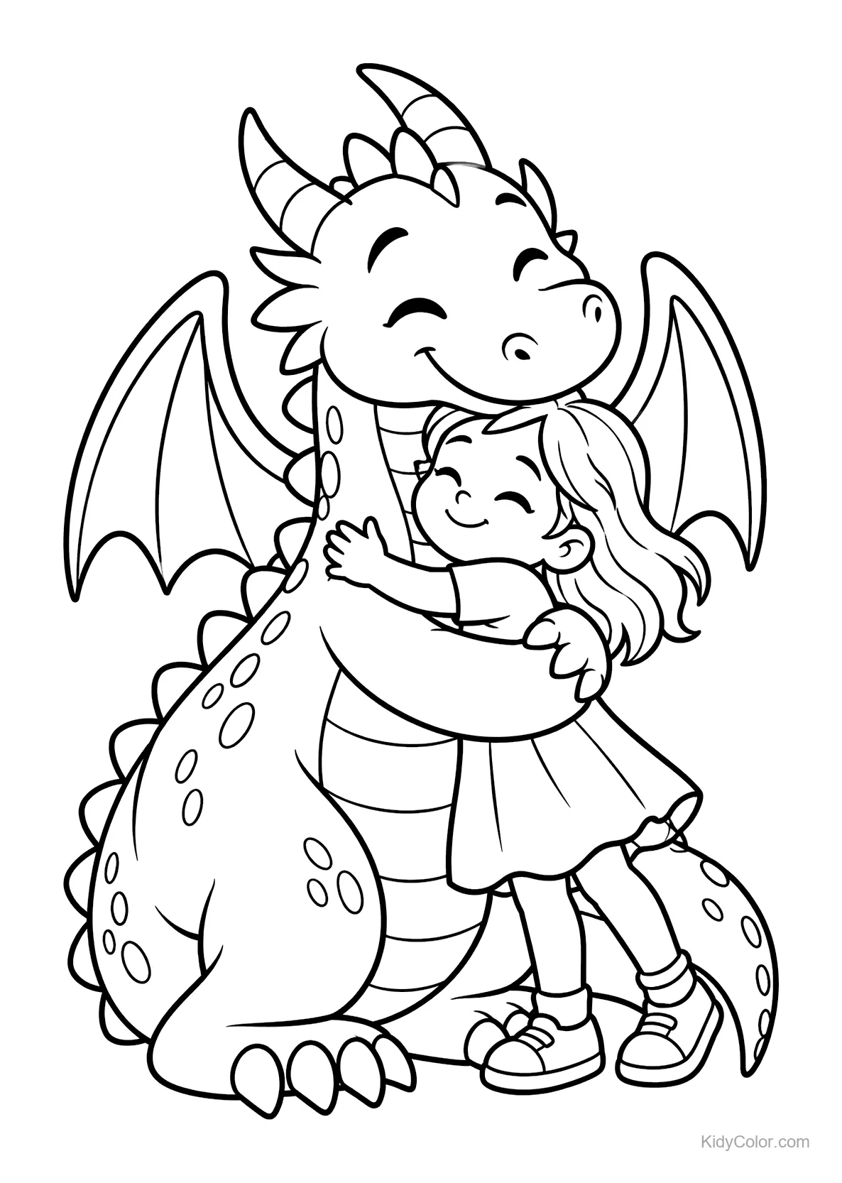 Mädchen umarmt lächelnden Drachen mit Flügeln und Hörnern.