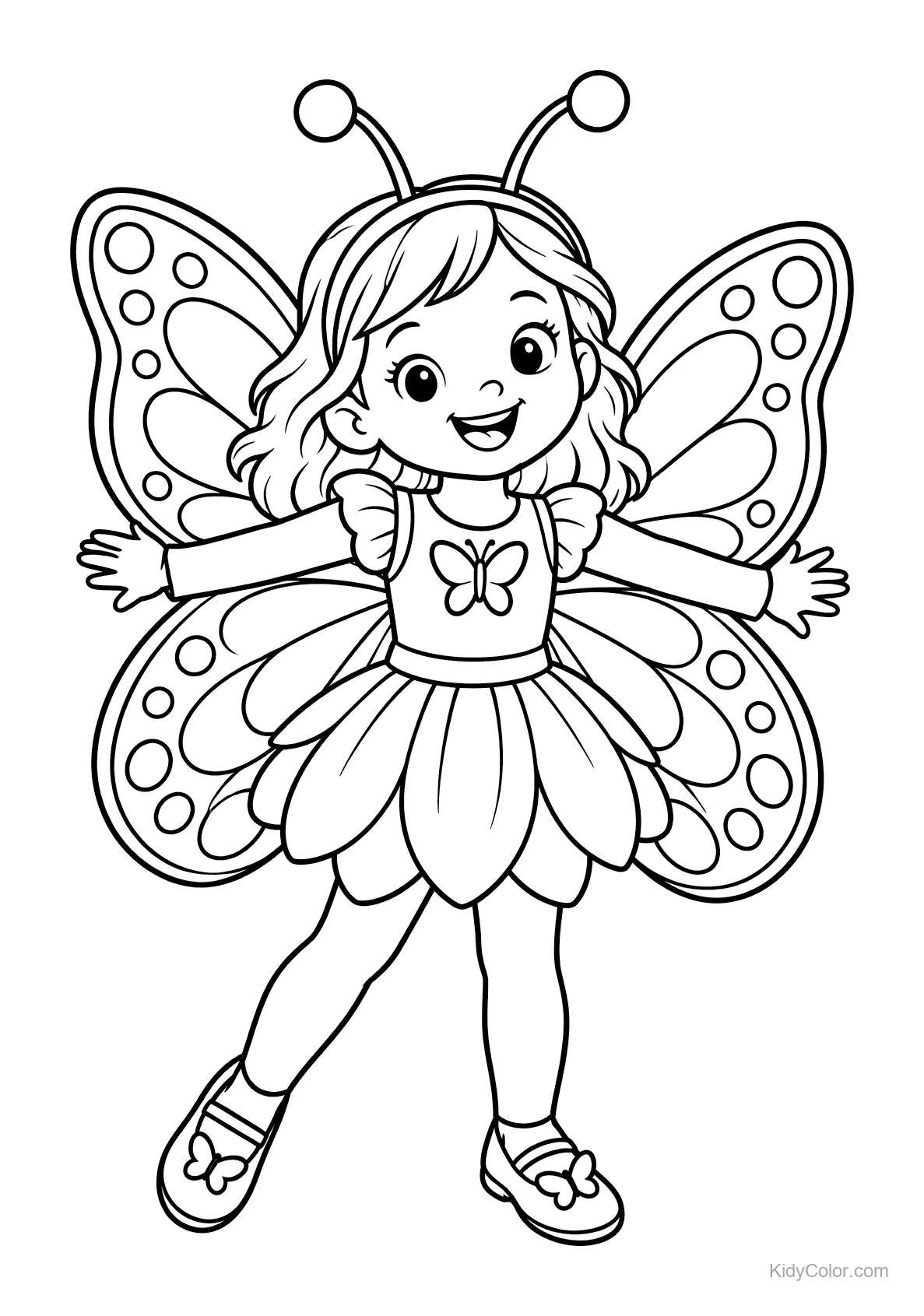 Girl wearing a butterfly costume with wings and antennae.