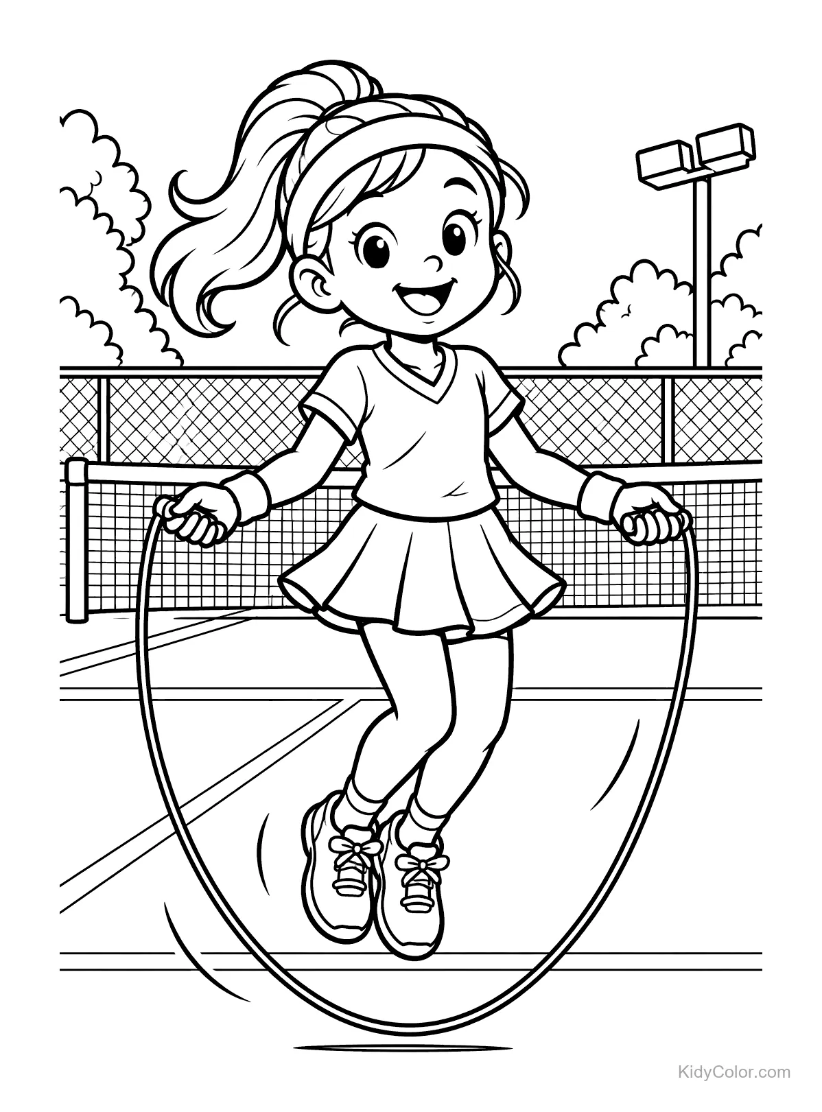 Girl jumping rope on a tennis court with net and lights.