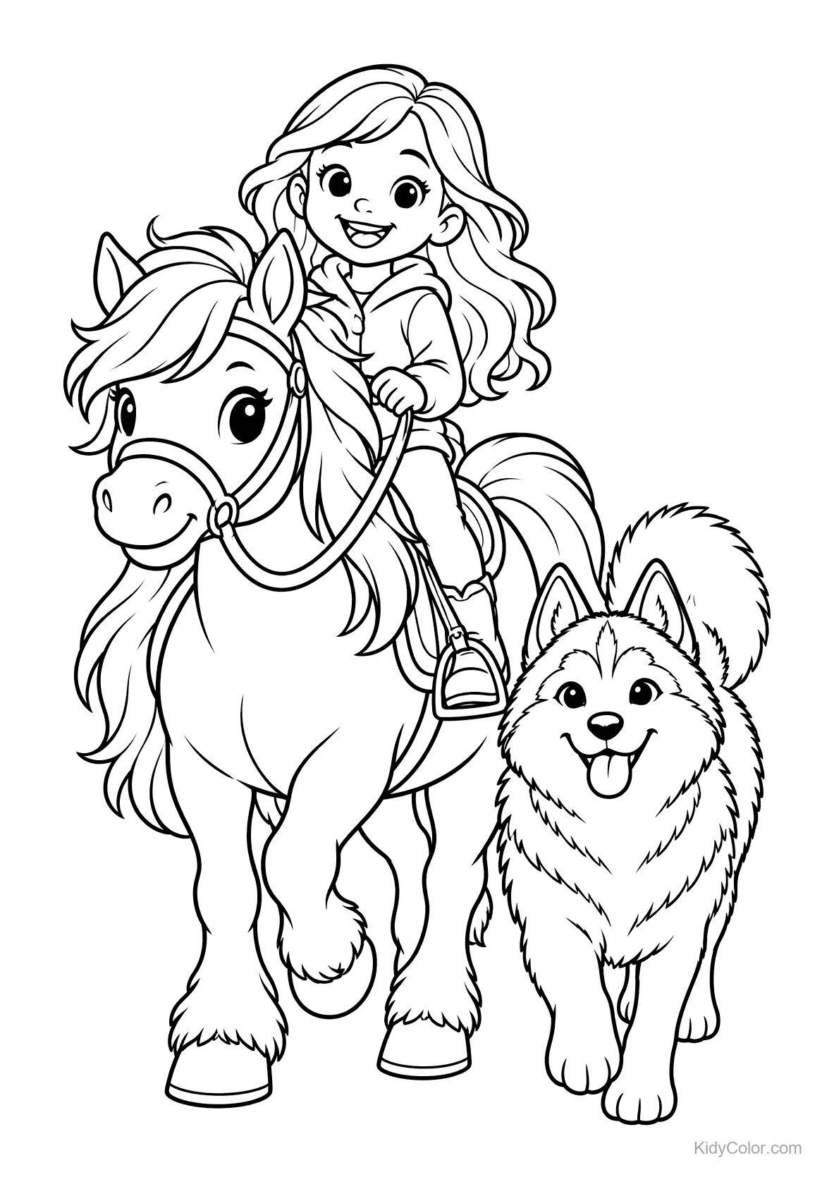 Bambina che cavalca un pony con un husky accanto.