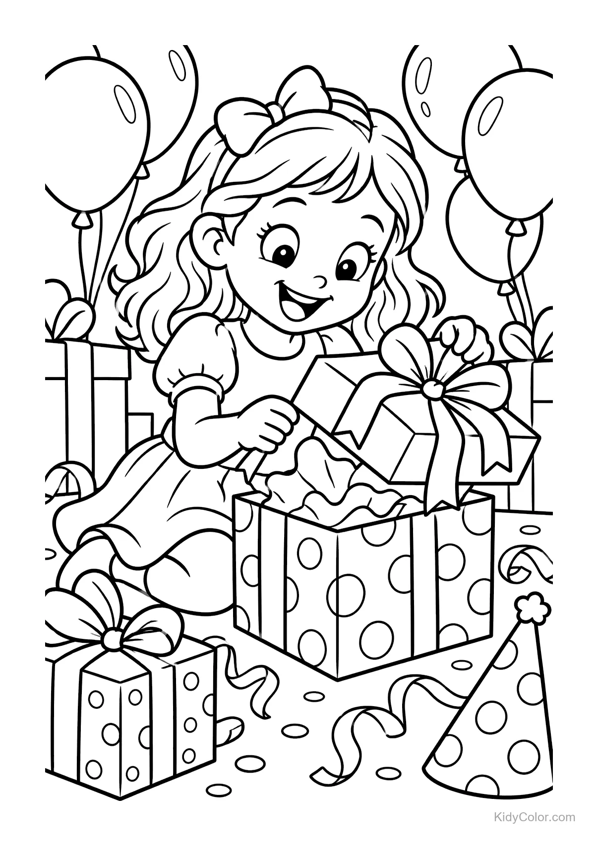 Girl opening a gift with balloons and presents around.