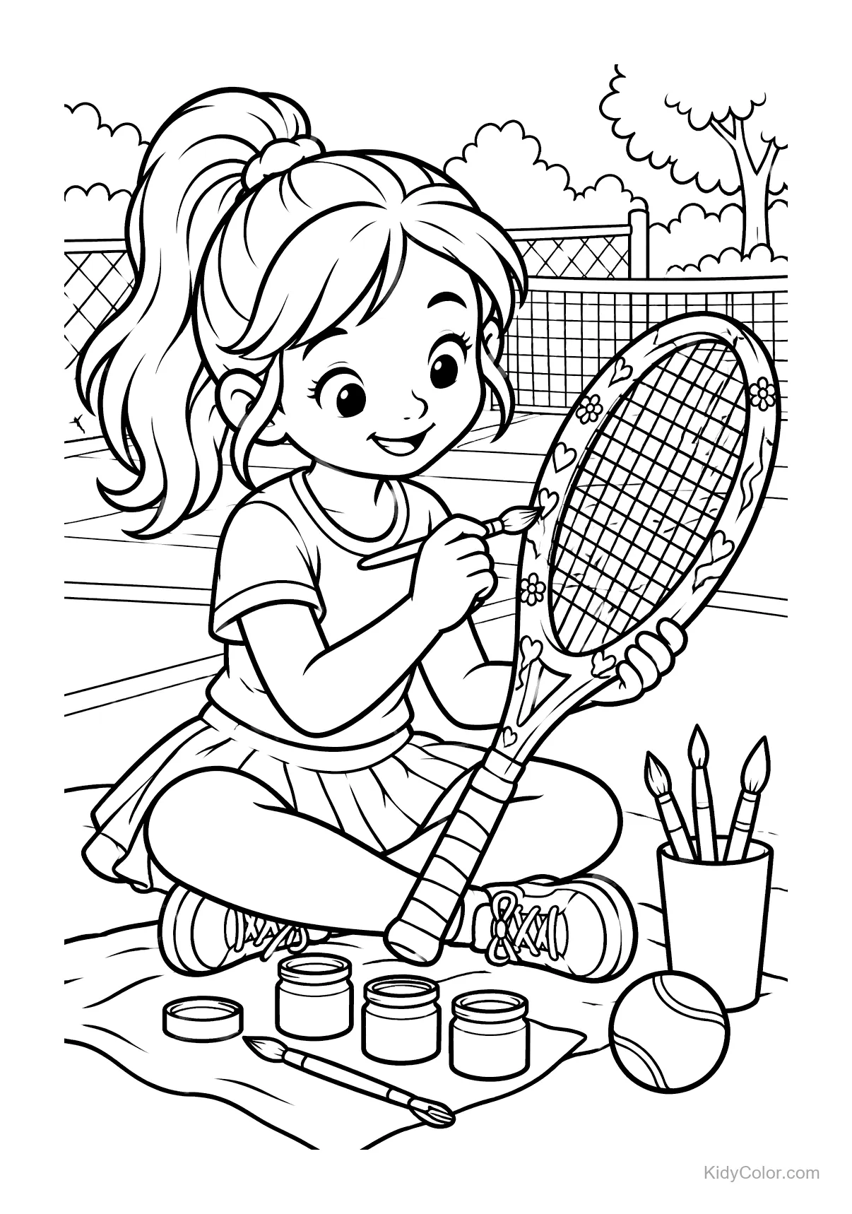 Girl sitting, painting designs on a tennis racket with paint jars nearby.