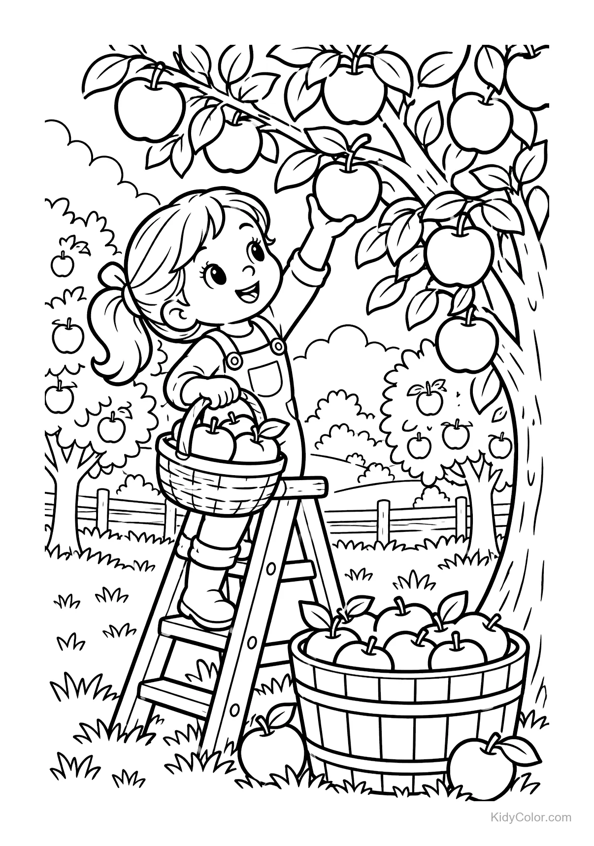 Girl picking apples from a tree, standing on a ladder.