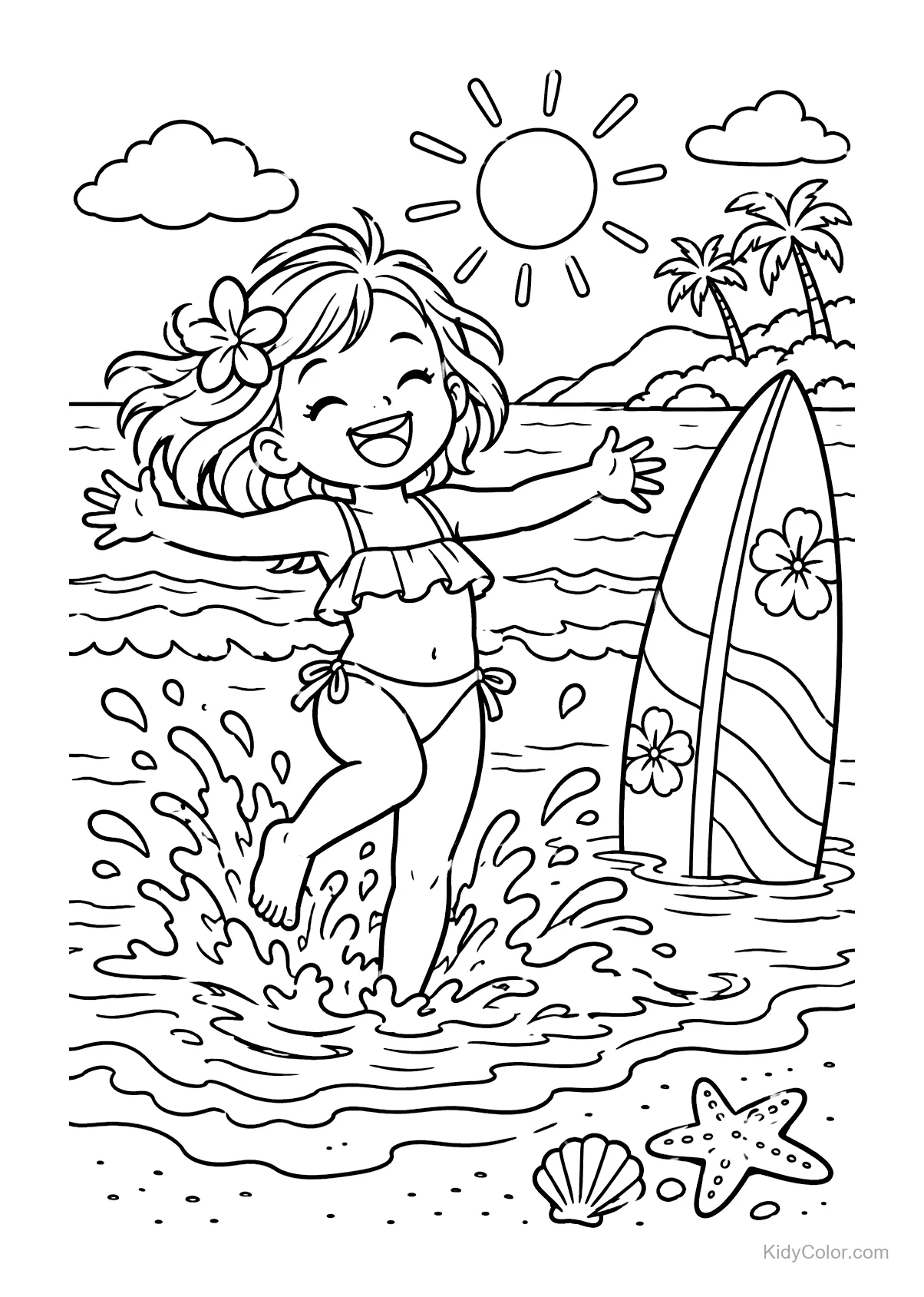 Girl splashing in beach waves under the sun with a surfboard.